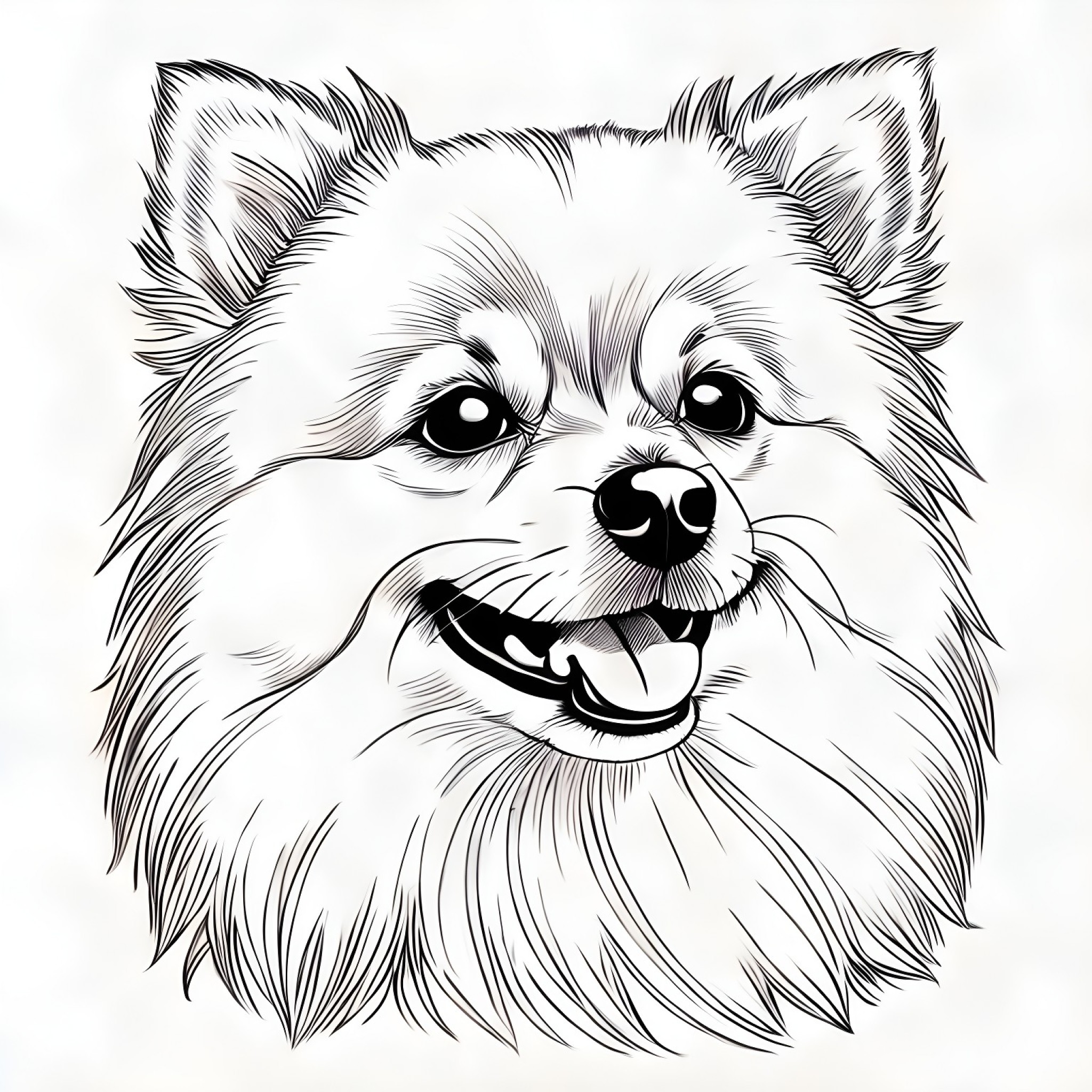 Pomeranian with a big smile Coloring Page (free black-and-white line drawing printable PDF for all, from beginners to advanced learners, including children, teens, adults, and seniors)
