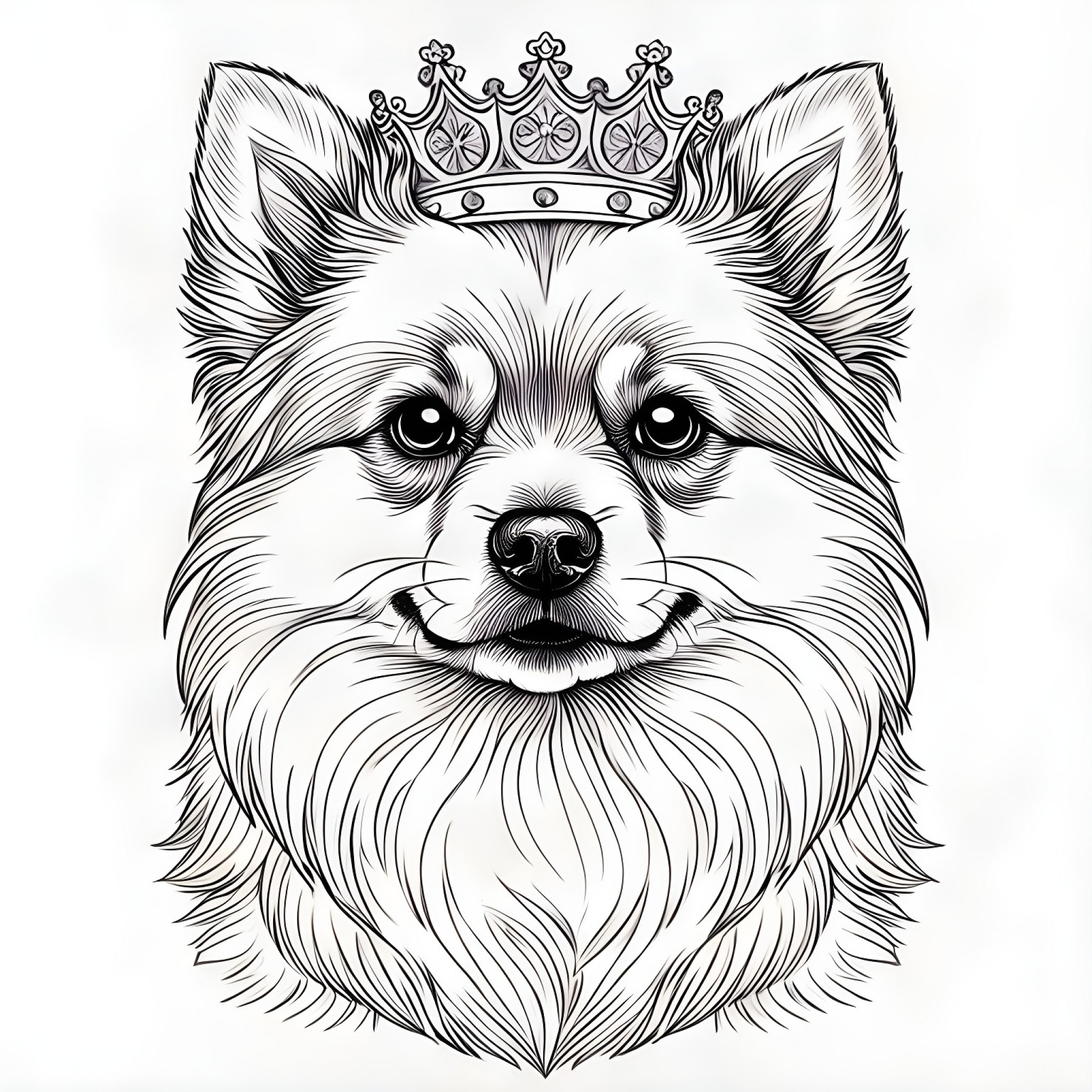 Pomeranian with a crown Coloring Page (free black-and-white line drawing printable PDF for all, from beginners to advanced learners, including children, teens, adults, and seniors)