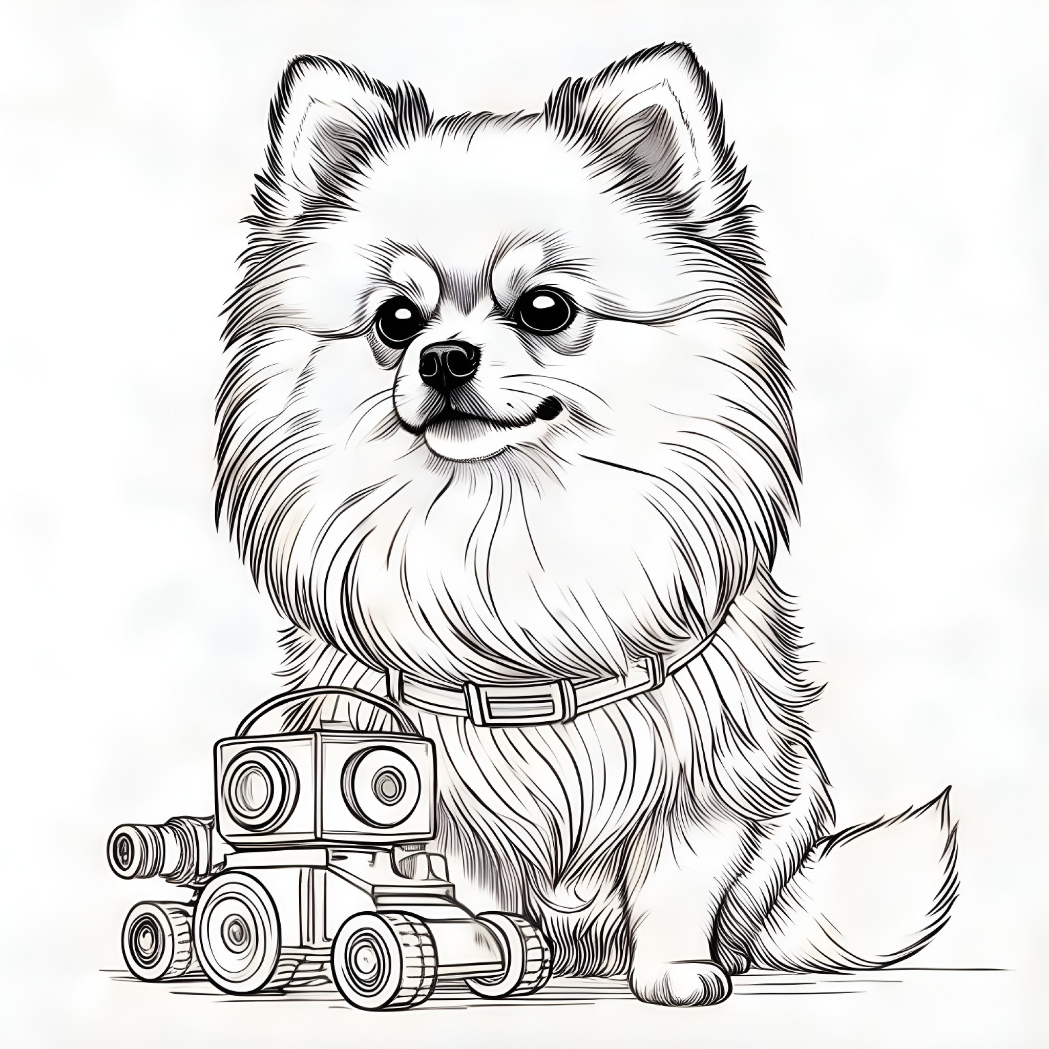 Pomeranian with a robot toy Coloring Page (free black-and-white line drawing printable PDF for all, from beginners to advanced learners, including children, teens, adults, and seniors)