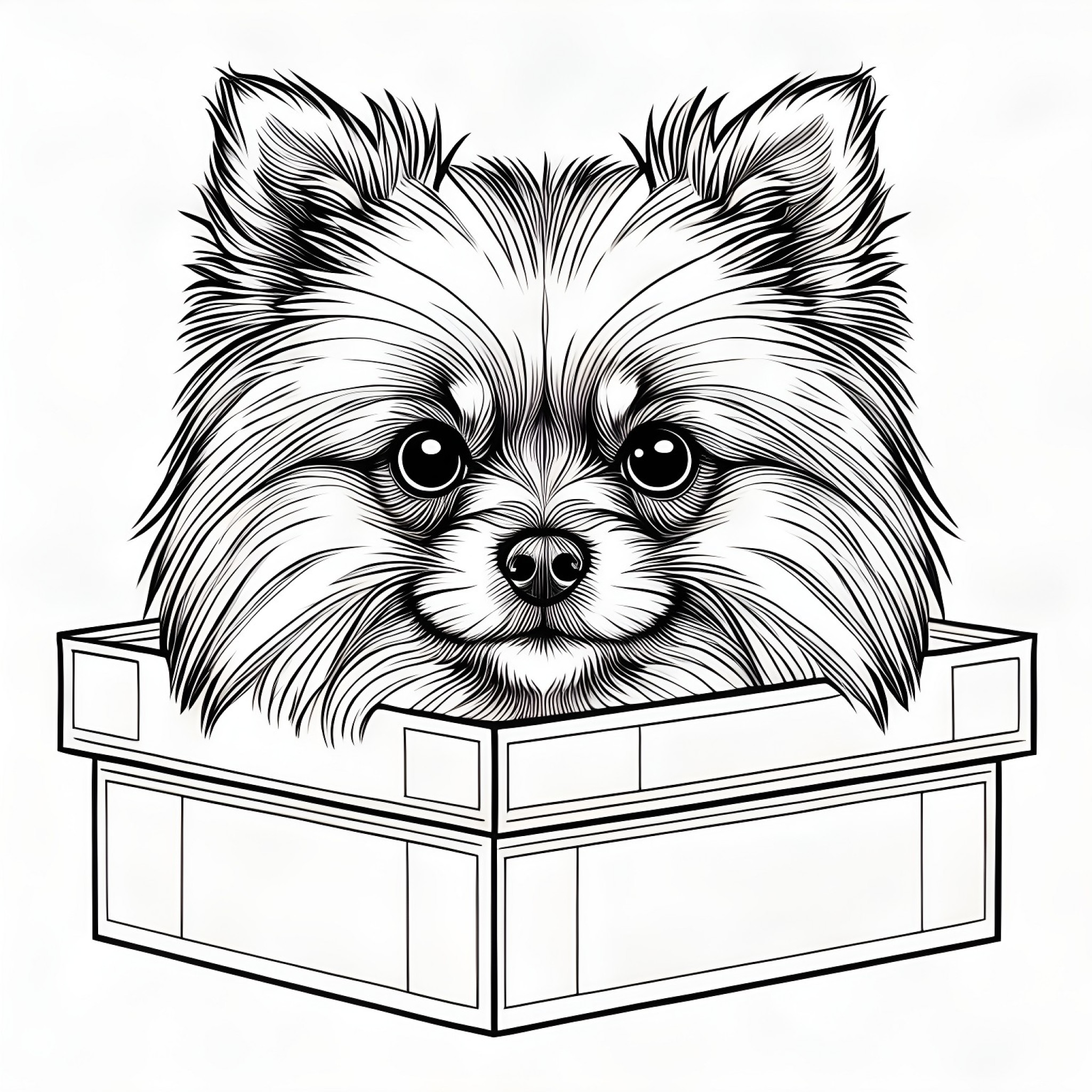 Pomeranian peeking out of a gift box Coloring Page (free black-and-white line drawing printable PDF for all, from beginners to advanced learners, including children, teens, adults, and seniors)