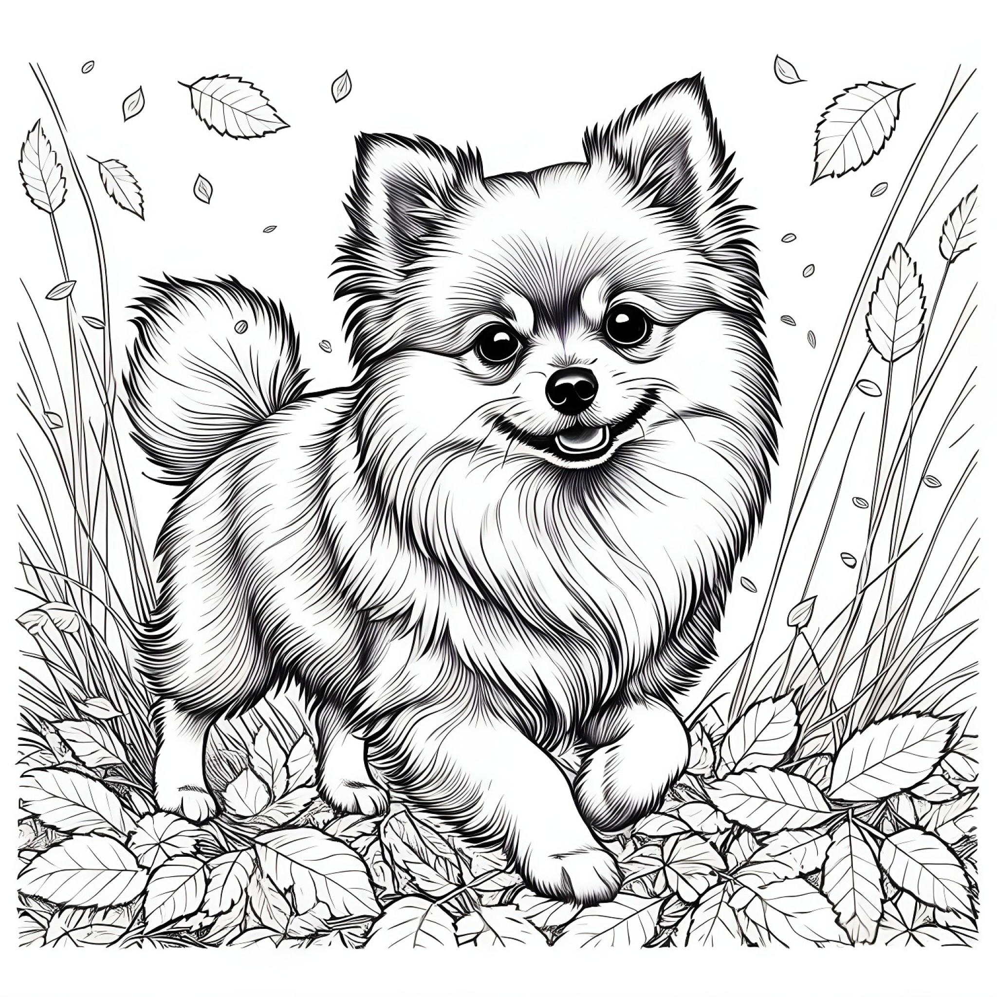 Pomeranian jumping in a pile of leaves Coloring Page (free black-and-white line drawing printable PDF for all, from beginners to advanced learners, including children, teens, adults, and seniors)