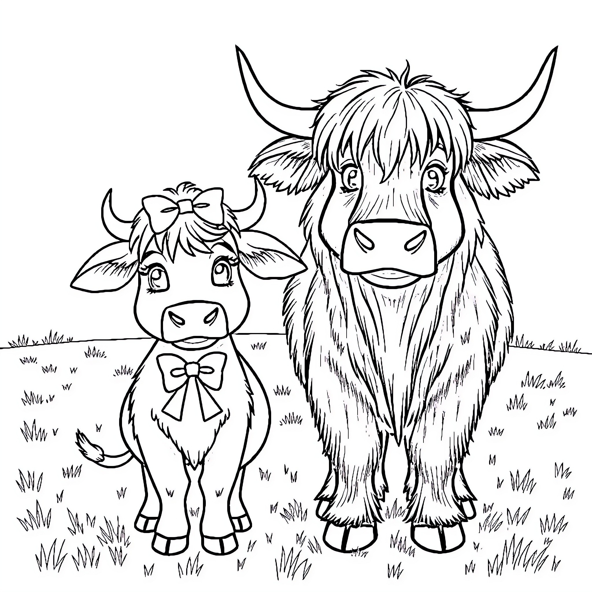 Highland Cattle enjoying the scenic meadow Coloring Page (free black-and-white line drawing printable PDF for all, from beginners to advanced learners, including children, teens, adults, and seniors)