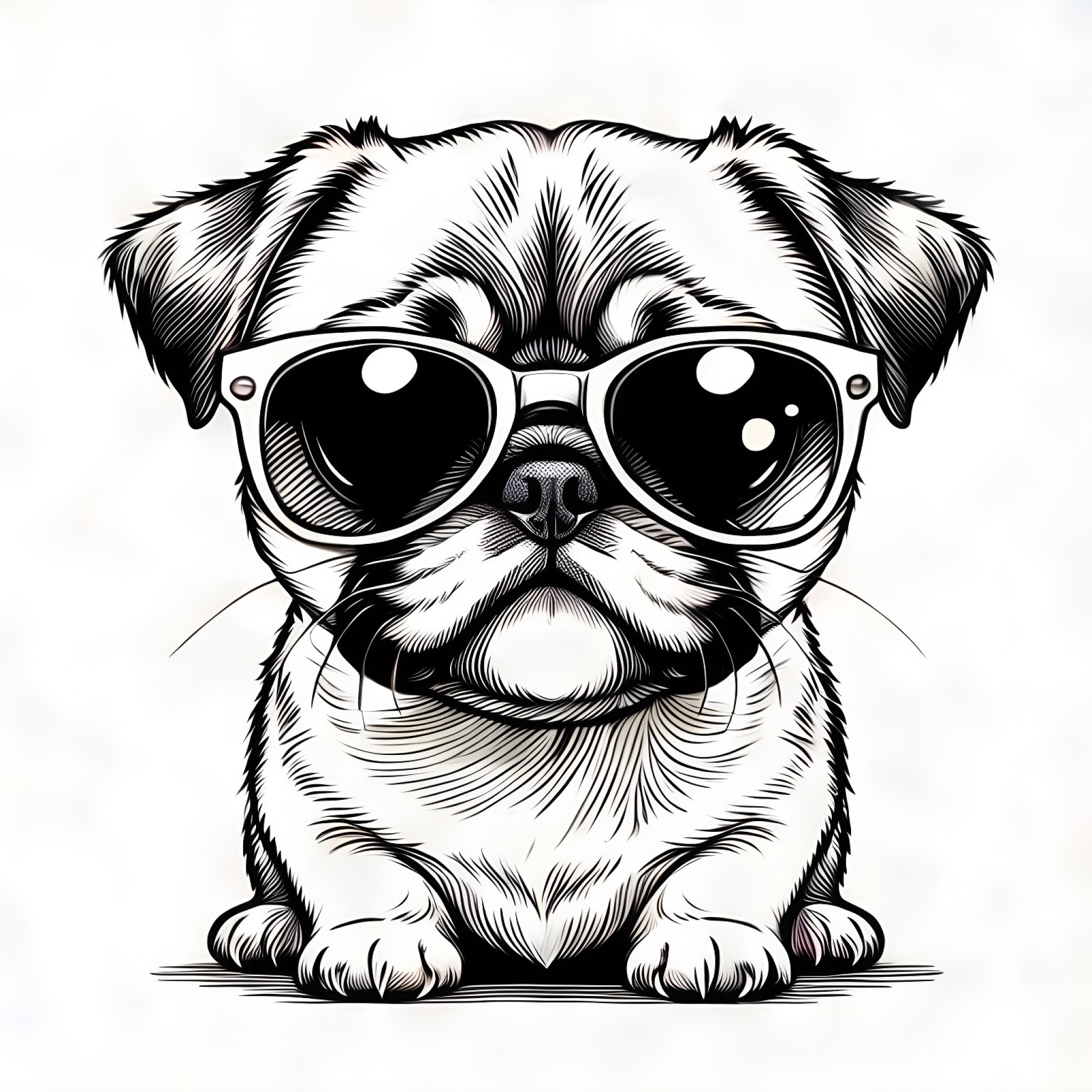 Pug wearing sunglasses Coloring Page (free black-and-white line drawing printable PDF for all, from beginners to advanced learners, including children, teens, adults, and seniors)