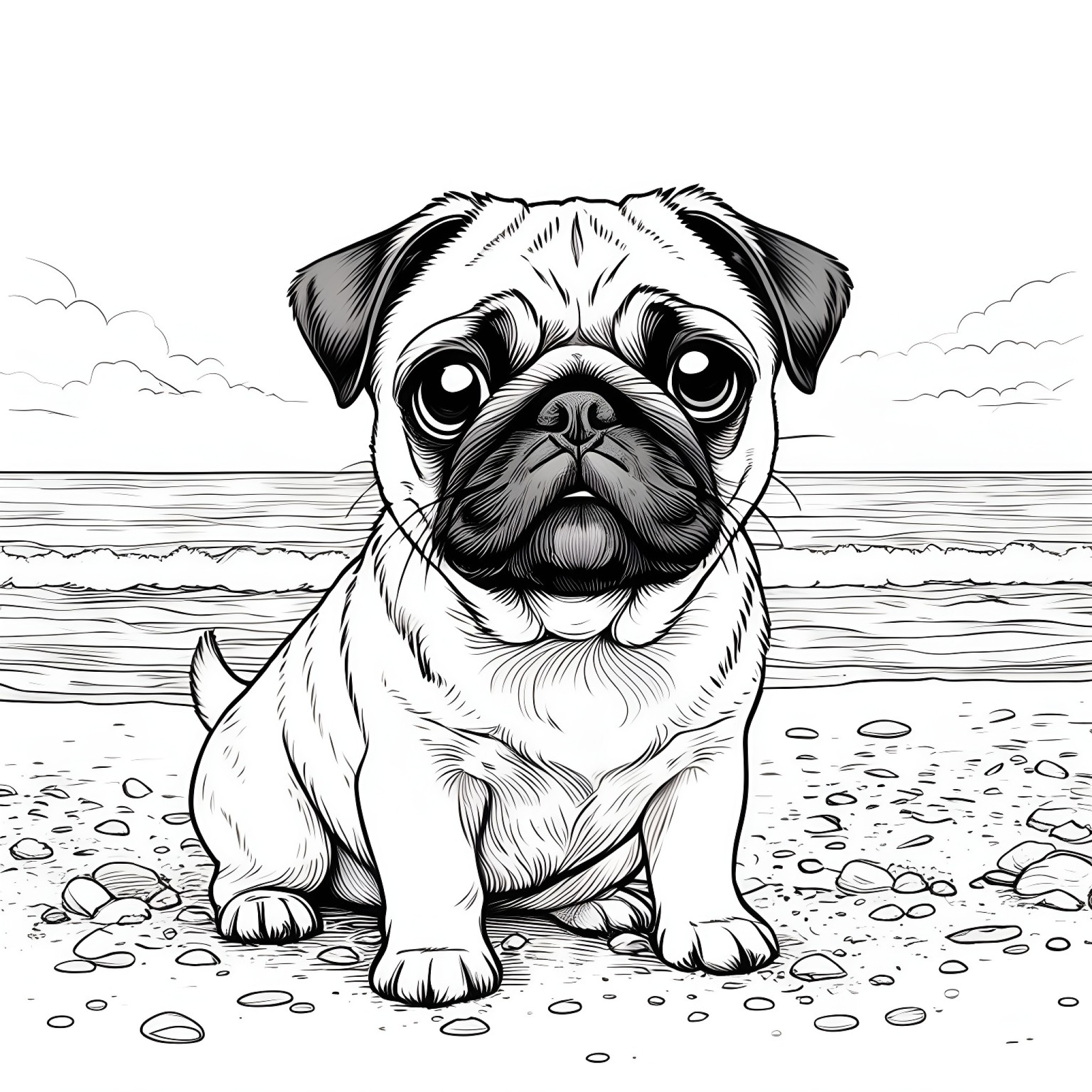 Pug at the beach Coloring Page (free black-and-white line drawing printable PDF for all, from beginners to advanced learners, including children, teens, adults, and seniors)