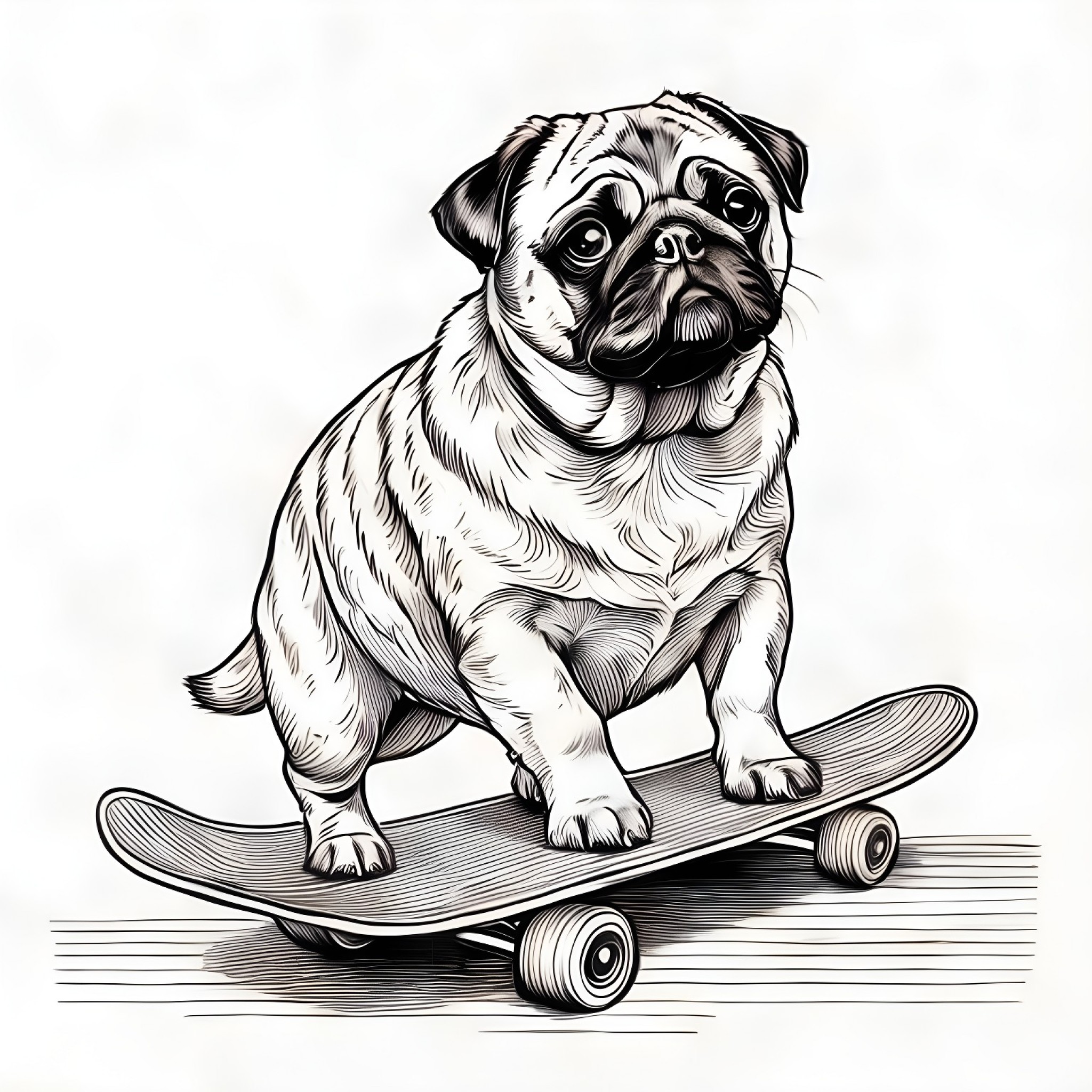 Pug riding a skateboard Coloring Page (free black-and-white line drawing printable PDF for all, from beginners to advanced learners, including children, teens, adults, and seniors)