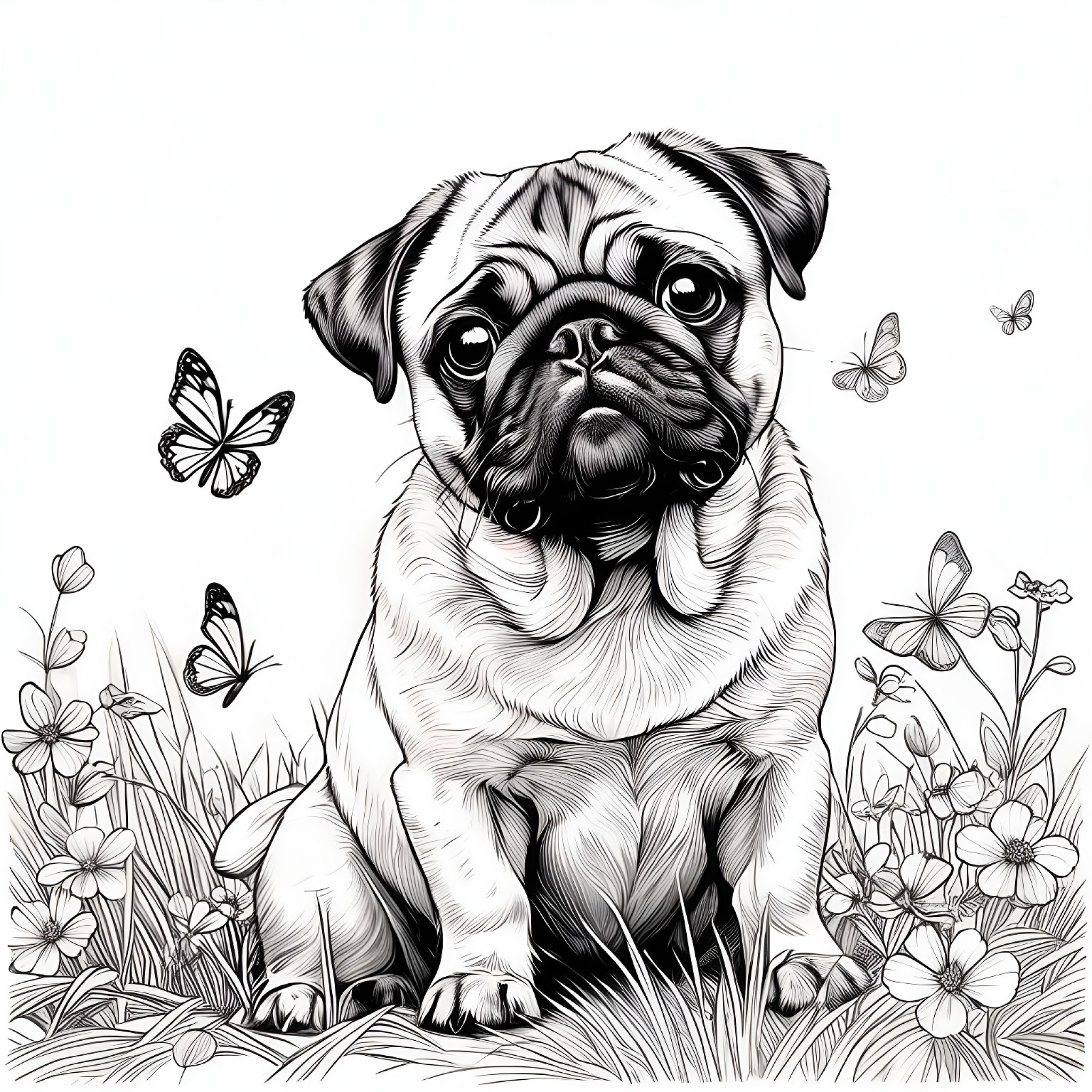 Pug playing with butterflies Coloring Page (free black-and-white line drawing printable PDF for all, from beginners to advanced learners, including children, teens, adults, and seniors)