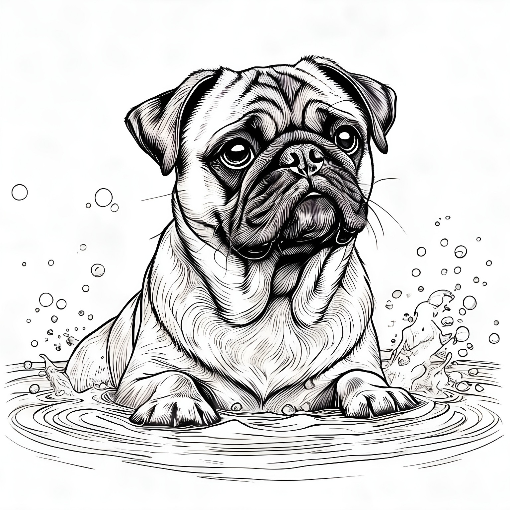 Pug with a bubble bath Coloring Page (free black-and-white line drawing printable PDF for all, from beginners to advanced learners, including children, teens, adults, and seniors)