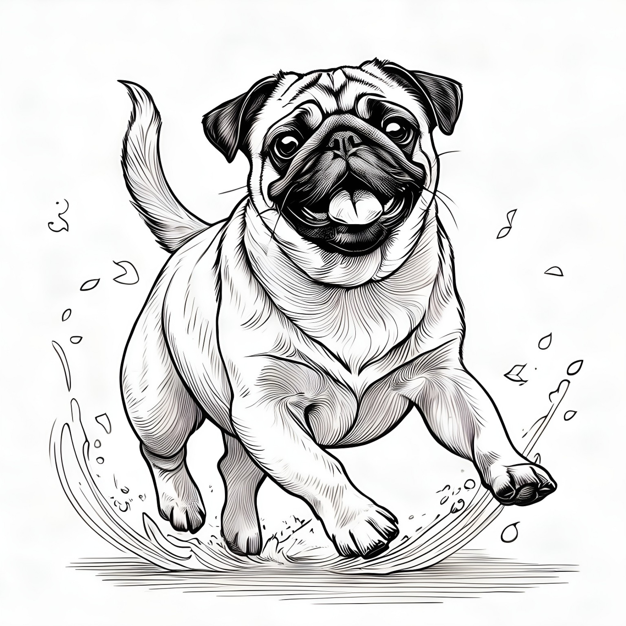 Pug running happily Coloring Page (free black-and-white line drawing printable PDF for all, from beginners to advanced learners, including children, teens, adults, and seniors)