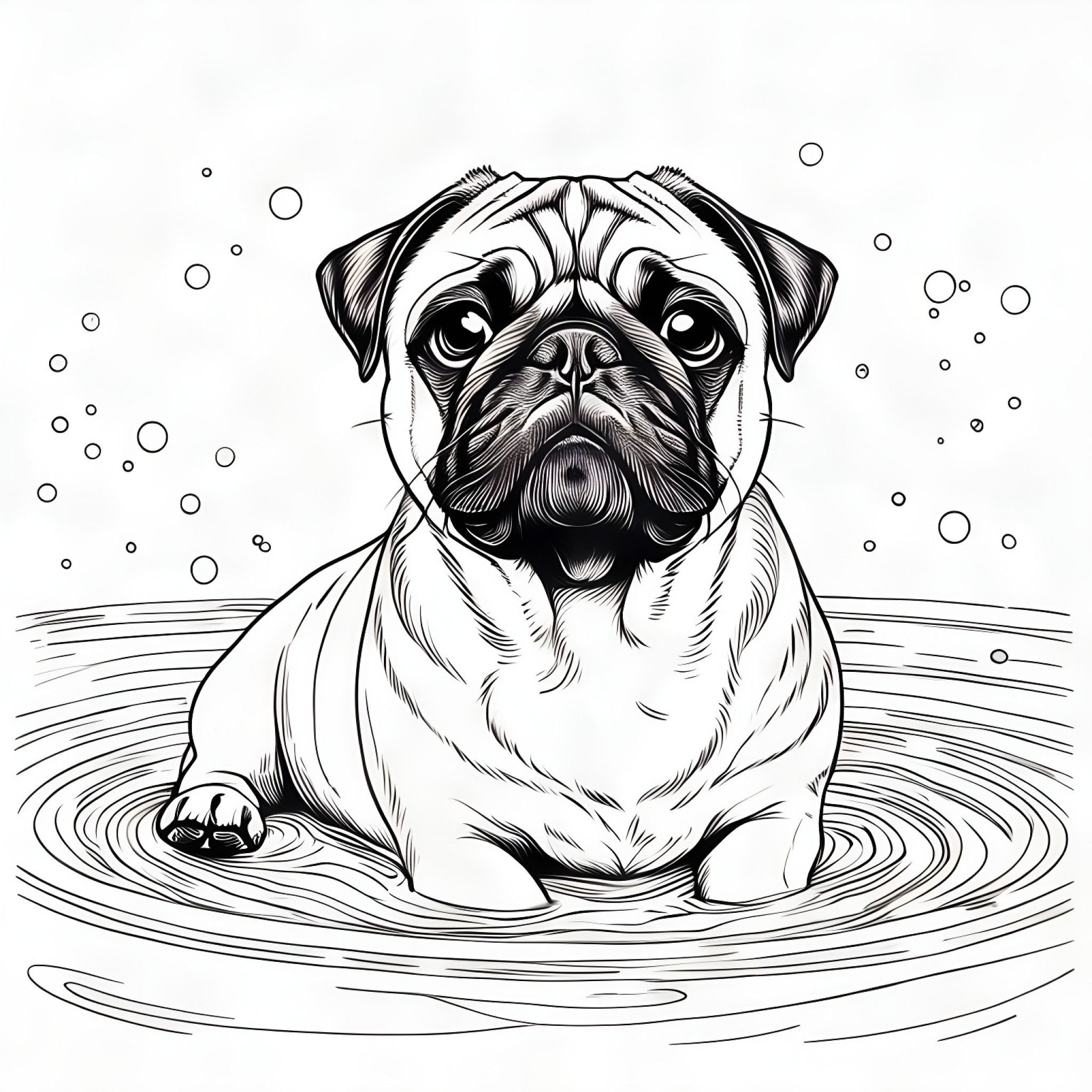 Pug in a pond Coloring Page (free black-and-white line drawing printable PDF for all, from beginners to advanced learners, including children, teens, adults, and seniors)