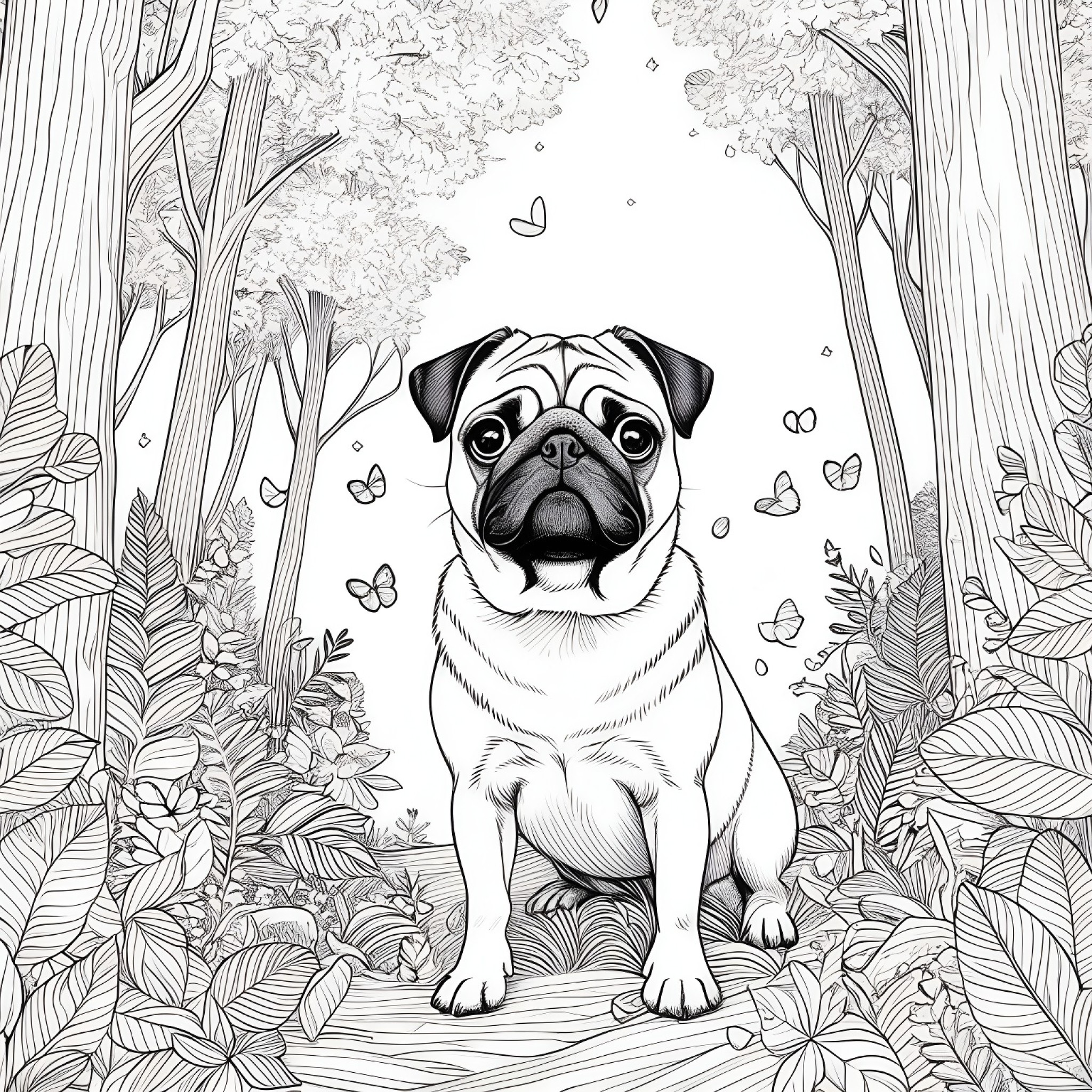 Pug in a whimsical forest Coloring Page (free black-and-white line drawing printable PDF for all, from beginners to advanced learners, including children, teens, adults, and seniors)