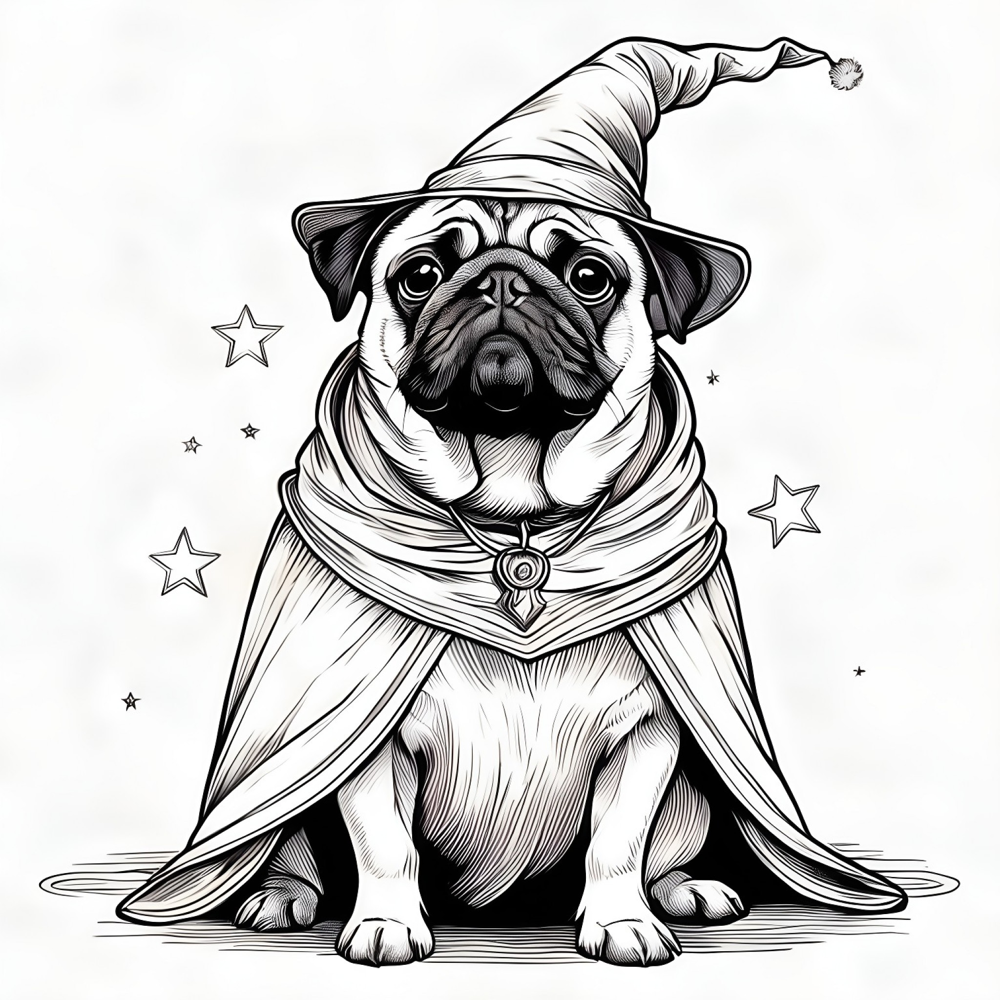 Pug dressed as a wizard Coloring Page (free black-and-white line drawing printable PDF for all, from beginners to advanced learners, including children, teens, adults, and seniors)