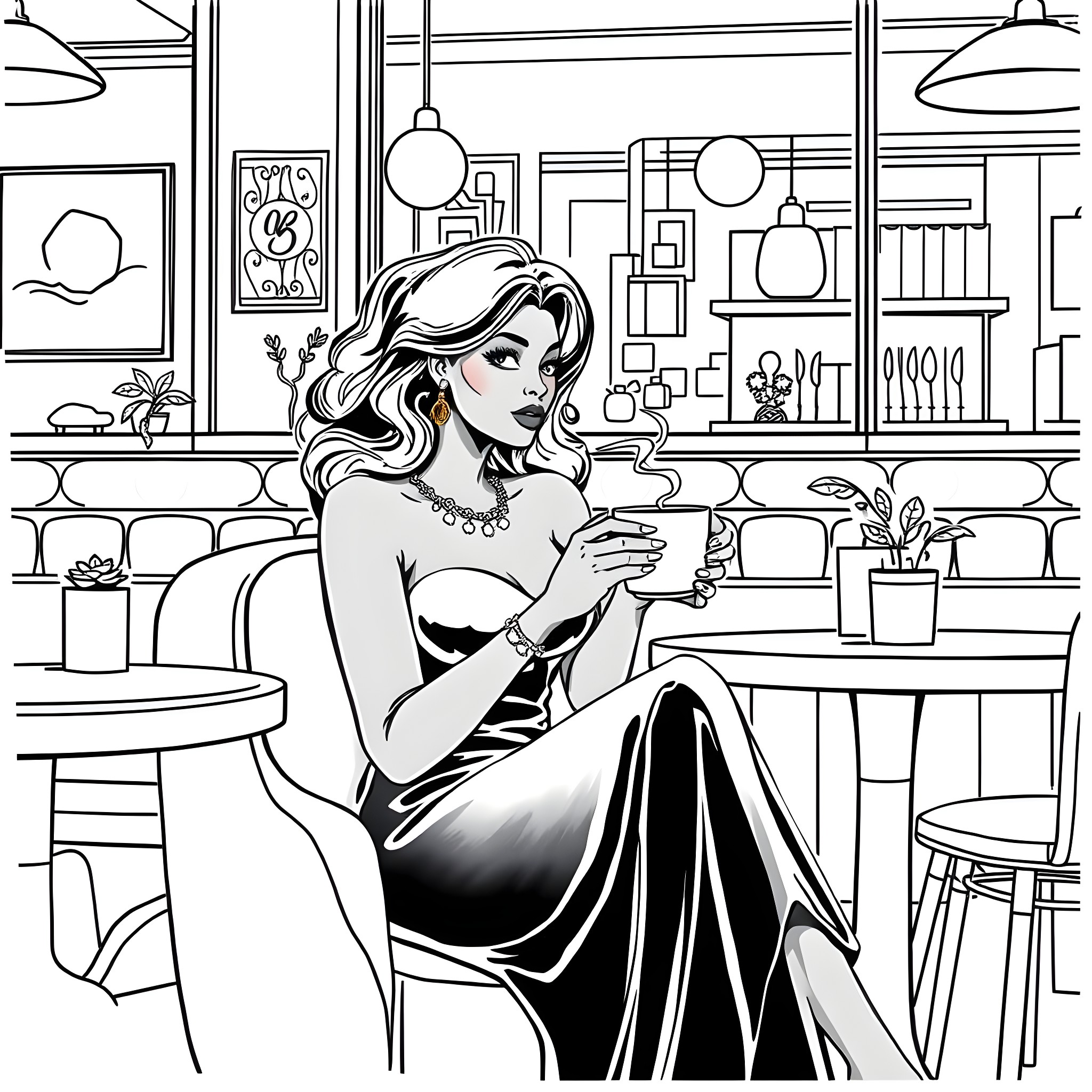 Woman enjoying a hot drink in a cozy cafe Coloring Page (free black-and-white line drawing printable PDF for all, from beginners to advanced learners, including children, teens, adults, and seniors)