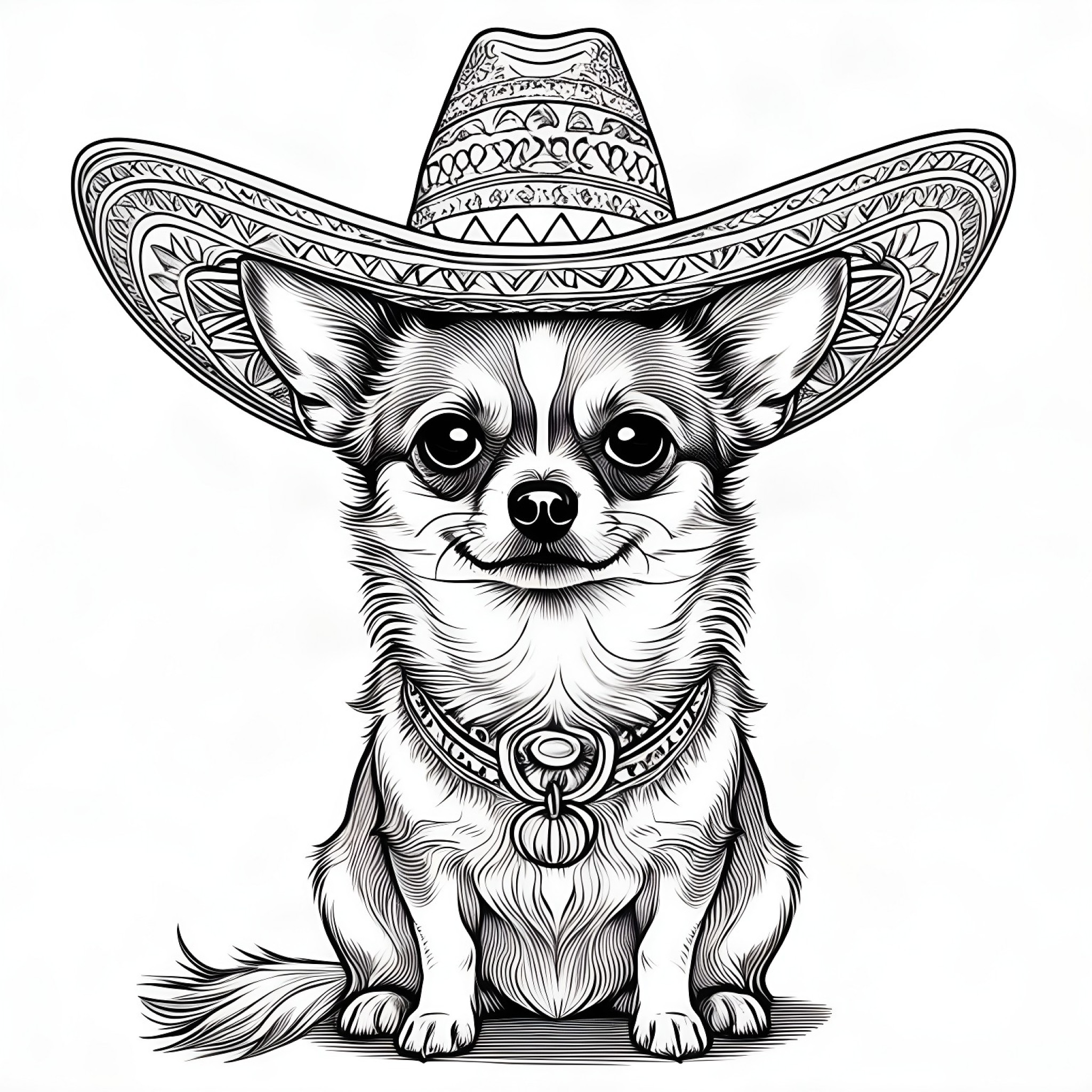 Chihuahua wearing a sombrero Coloring Page (free black-and-white line drawing printable PDF for all, from beginners to advanced learners, including children, teens, adults, and seniors)