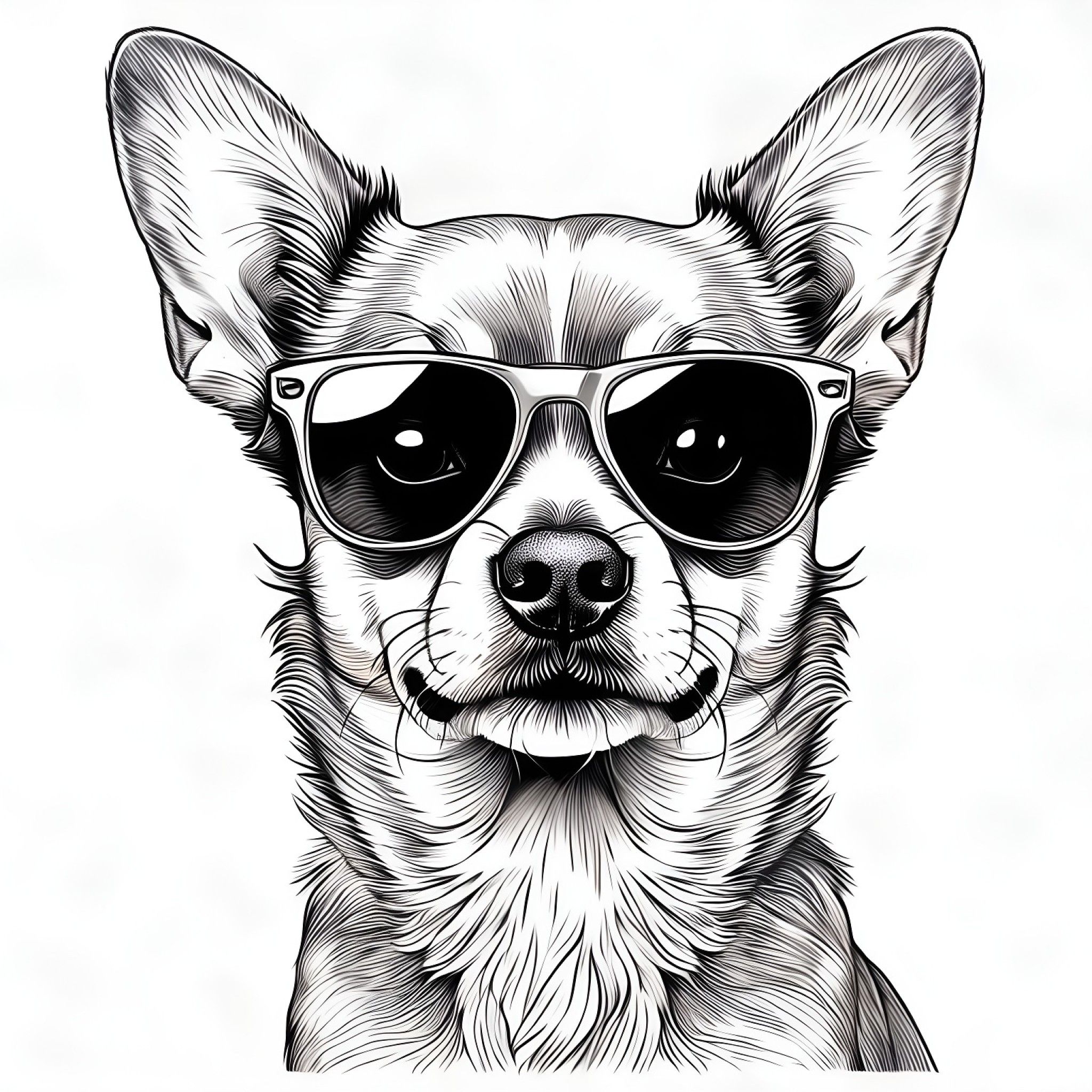 Chihuahua posing with sunglasses Coloring Page (free black-and-white line drawing printable PDF for all, from beginners to advanced learners, including children, teens, adults, and seniors)