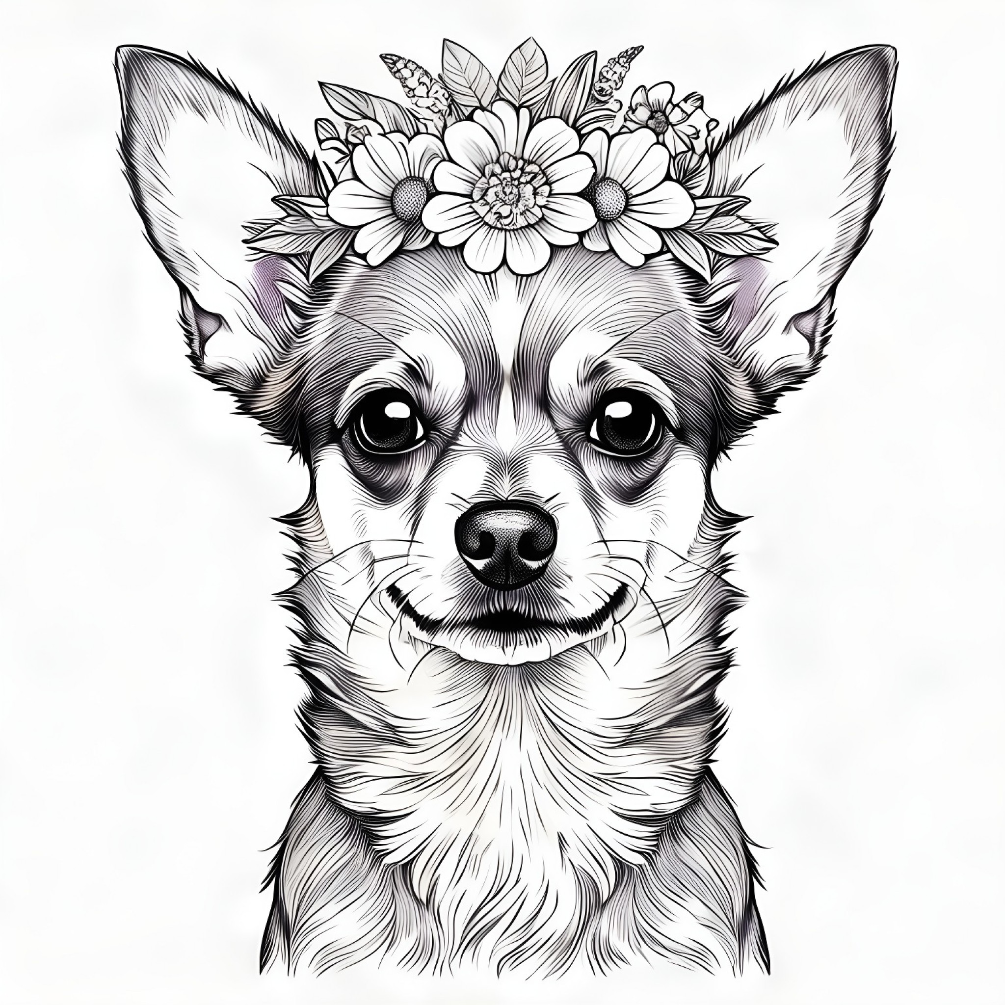 Chihuahua with a flower crown Coloring Page (free black-and-white line drawing printable PDF for all, from beginners to advanced learners, including children, teens, adults, and seniors)
