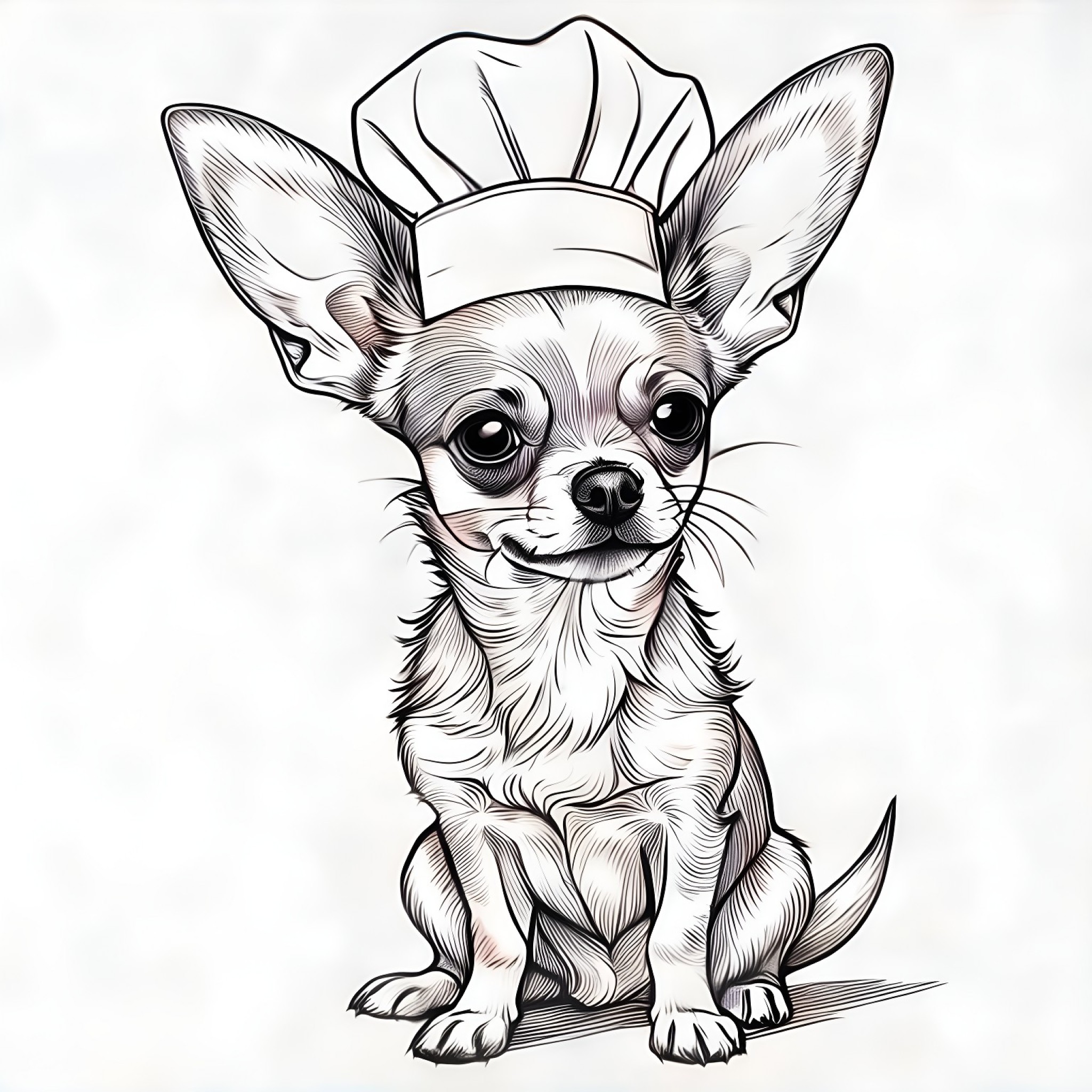 Chihuahua with a chef hat Coloring Page (free black-and-white line drawing printable PDF for all, from beginners to advanced learners, including children, teens, adults, and seniors)