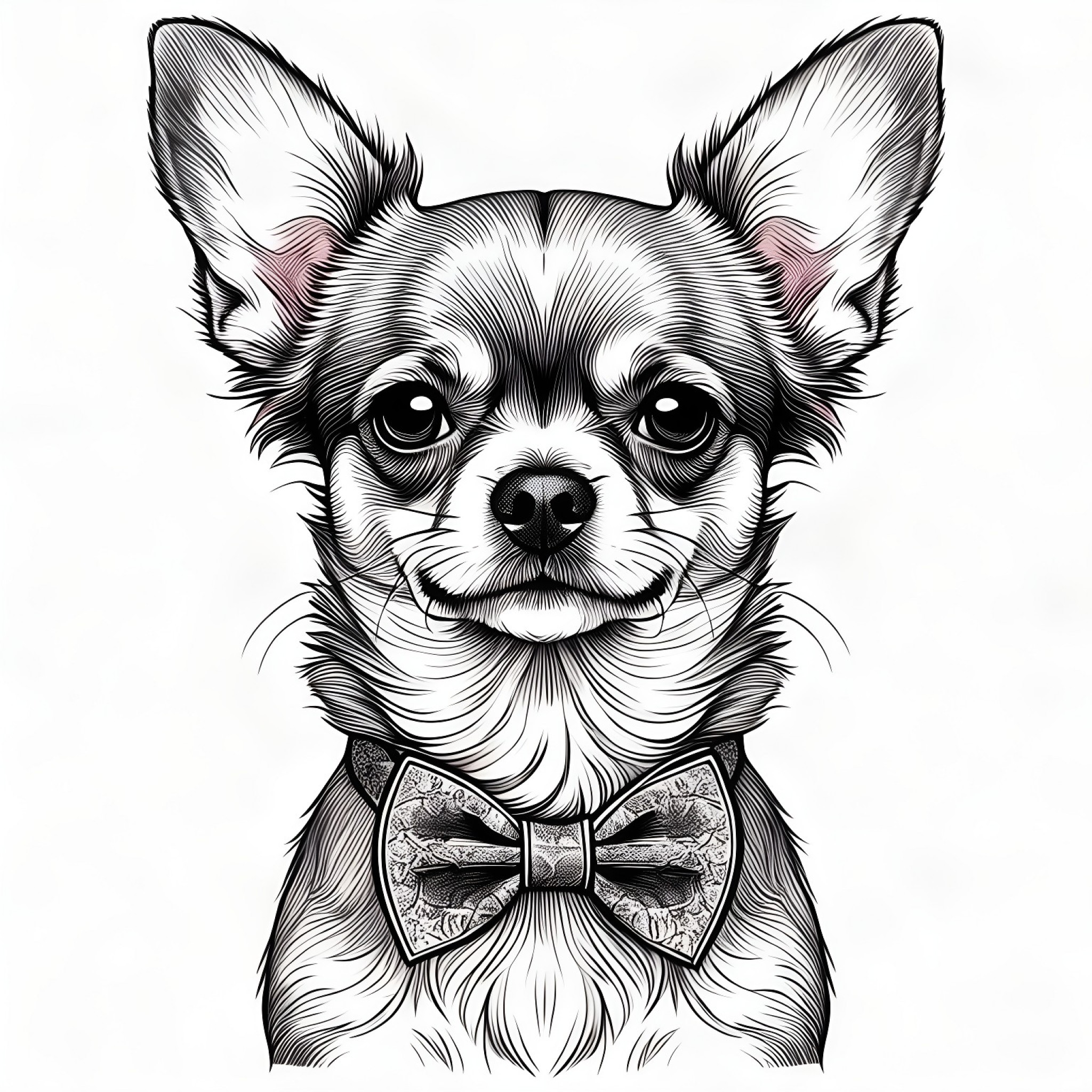 Chihuahua in a fancy bow tie Coloring Page (free black-and-white line drawing printable PDF for all, from beginners to advanced learners, including children, teens, adults, and seniors)