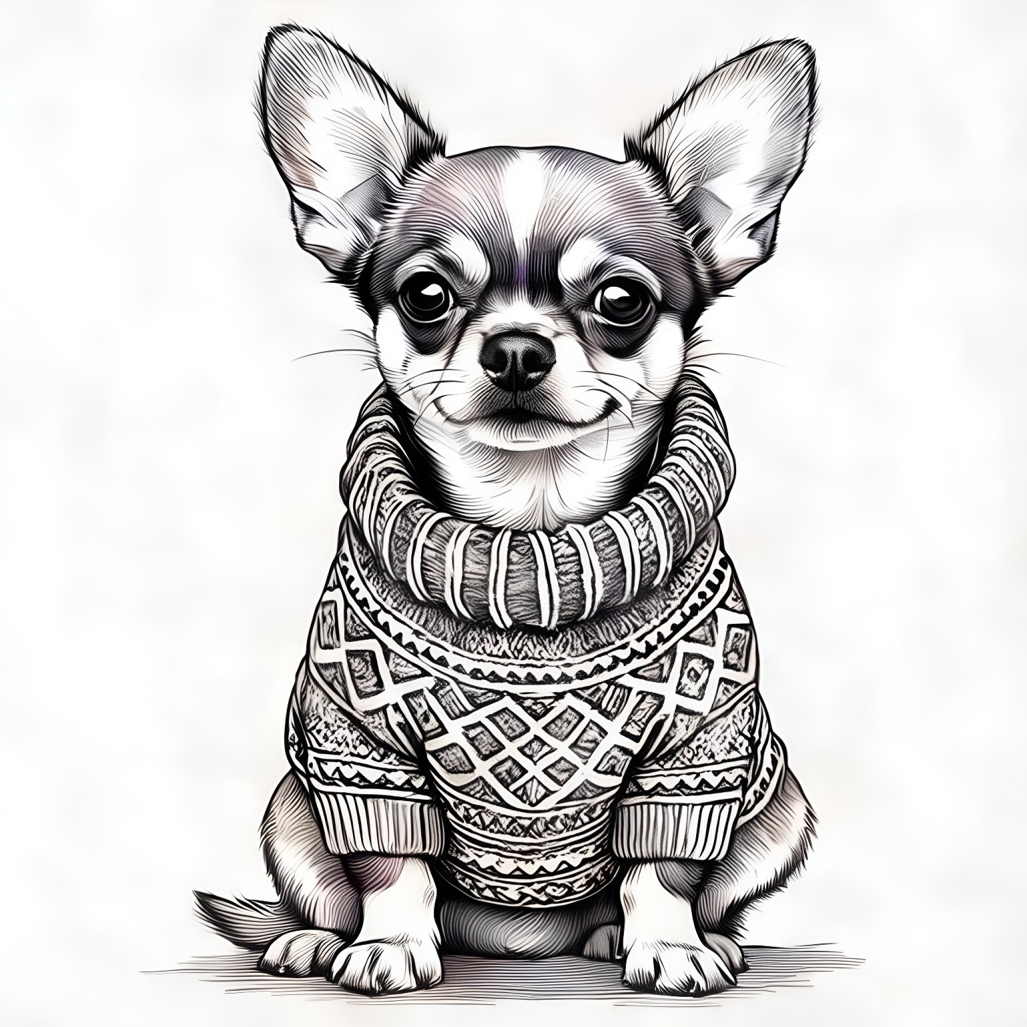 Chihuahua in a winter sweater Coloring Page (free black-and-white line drawing printable PDF for all, from beginners to advanced learners, including children, teens, adults, and seniors)