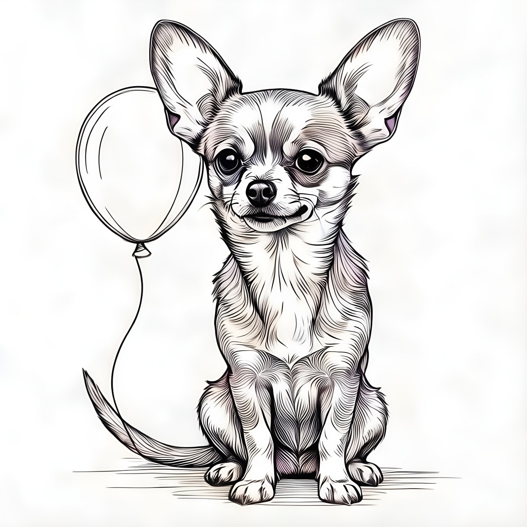 Chihuahua with a balloon Coloring Page (free black-and-white line drawing printable PDF for all, from beginners to advanced learners, including children, teens, adults, and seniors)