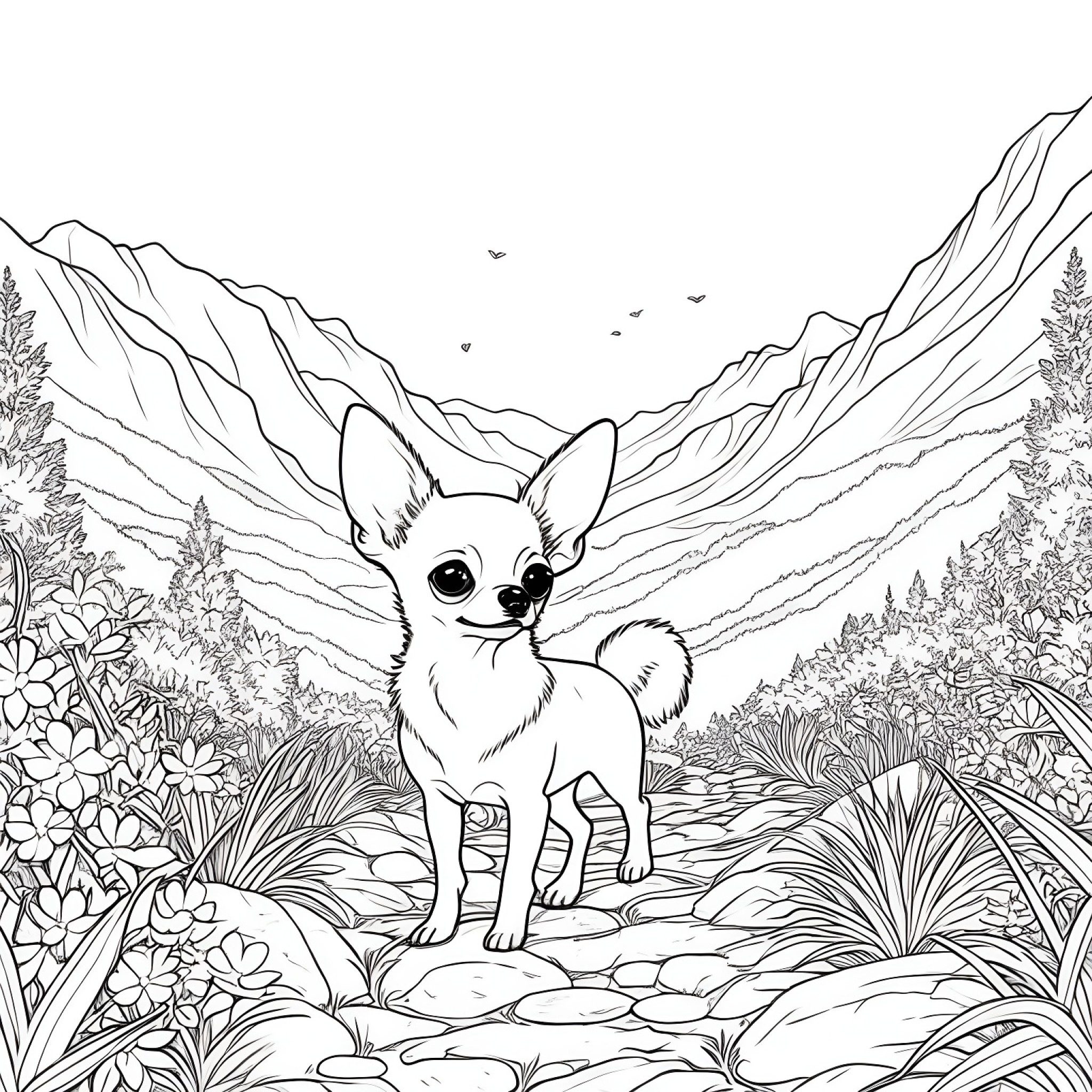 Chihuahua hiking in nature Coloring Page (free black-and-white line drawing printable PDF for all, from beginners to advanced learners, including children, teens, adults, and seniors)