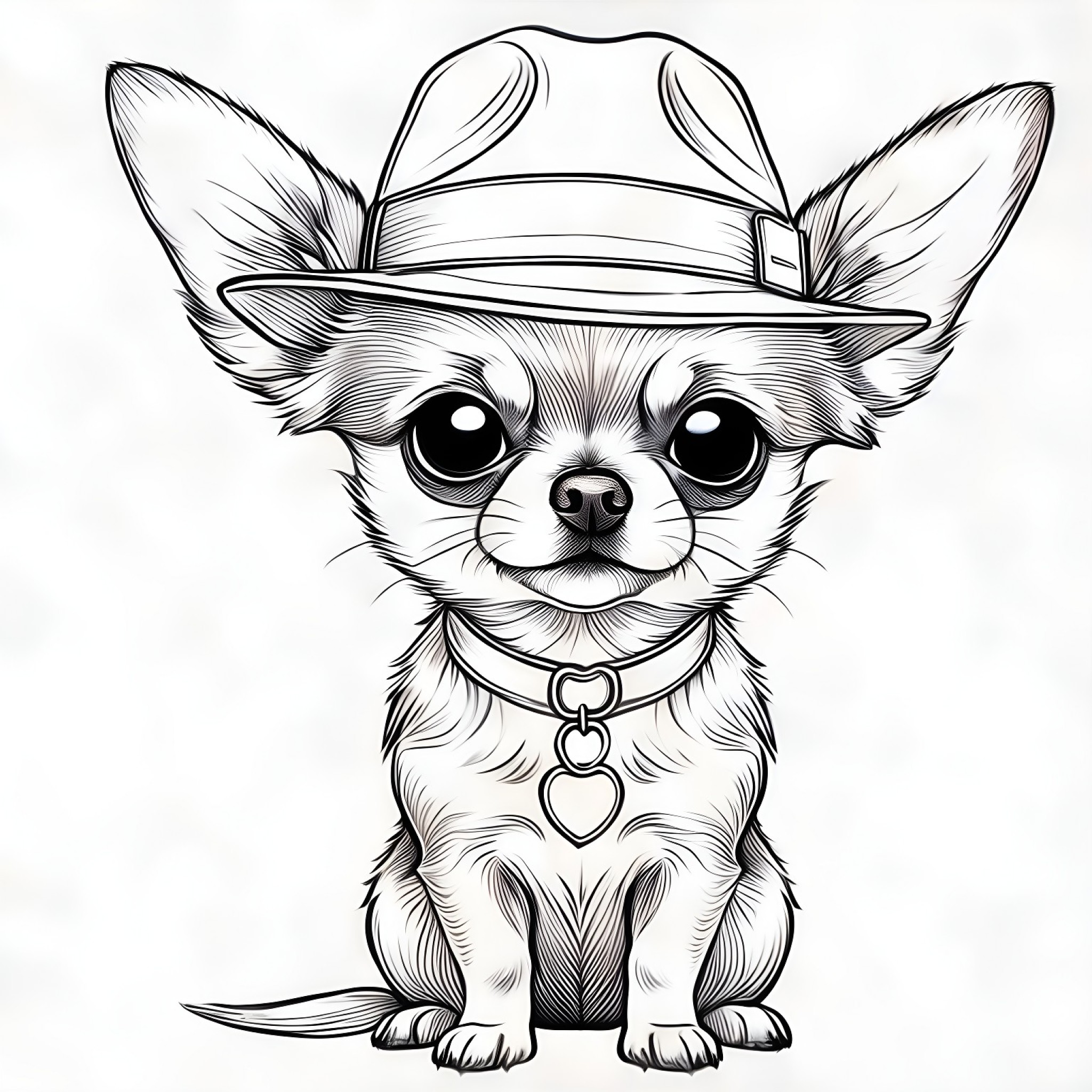 Chihuahua in a detective hat Coloring Page (free black-and-white line drawing printable PDF for all, from beginners to advanced learners, including children, teens, adults, and seniors)