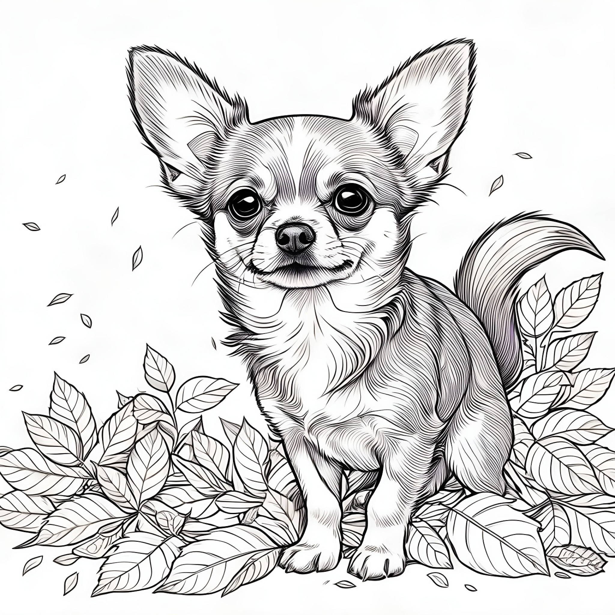 Chihuahua playing in leaves Coloring Page (free black-and-white line drawing printable PDF for all, from beginners to advanced learners, including children, teens, adults, and seniors)