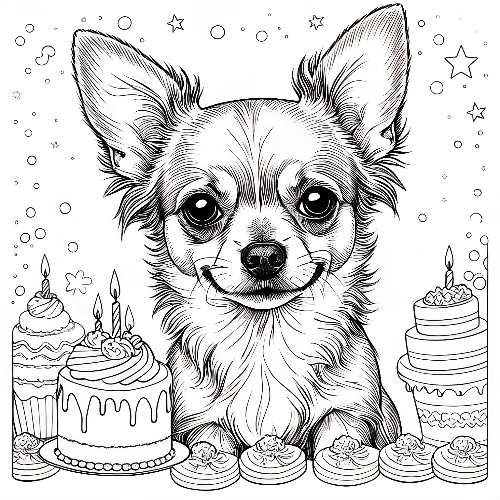 Chihuahua at a birthday party Coloring Page (free black-and-white line drawing printable PDF for all, from beginners to advanced learners, including children, teens, adults, and seniors)