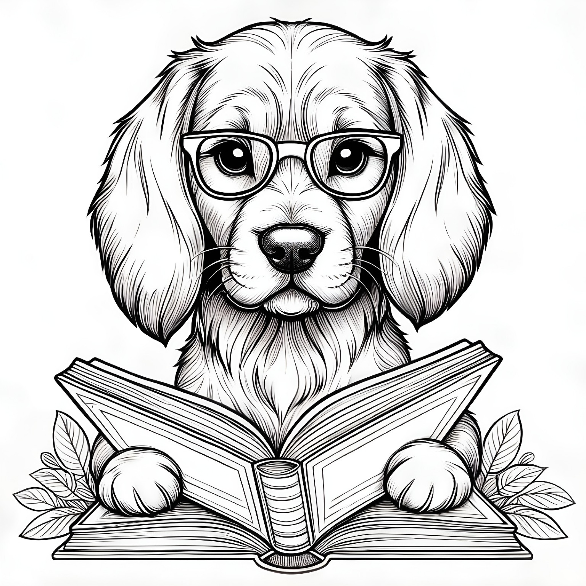 Bloodhound with glasses reading a book Coloring Page (free black-and-white line drawing printable PDF for all, from beginners to advanced learners, including children, teens, adults, and seniors)