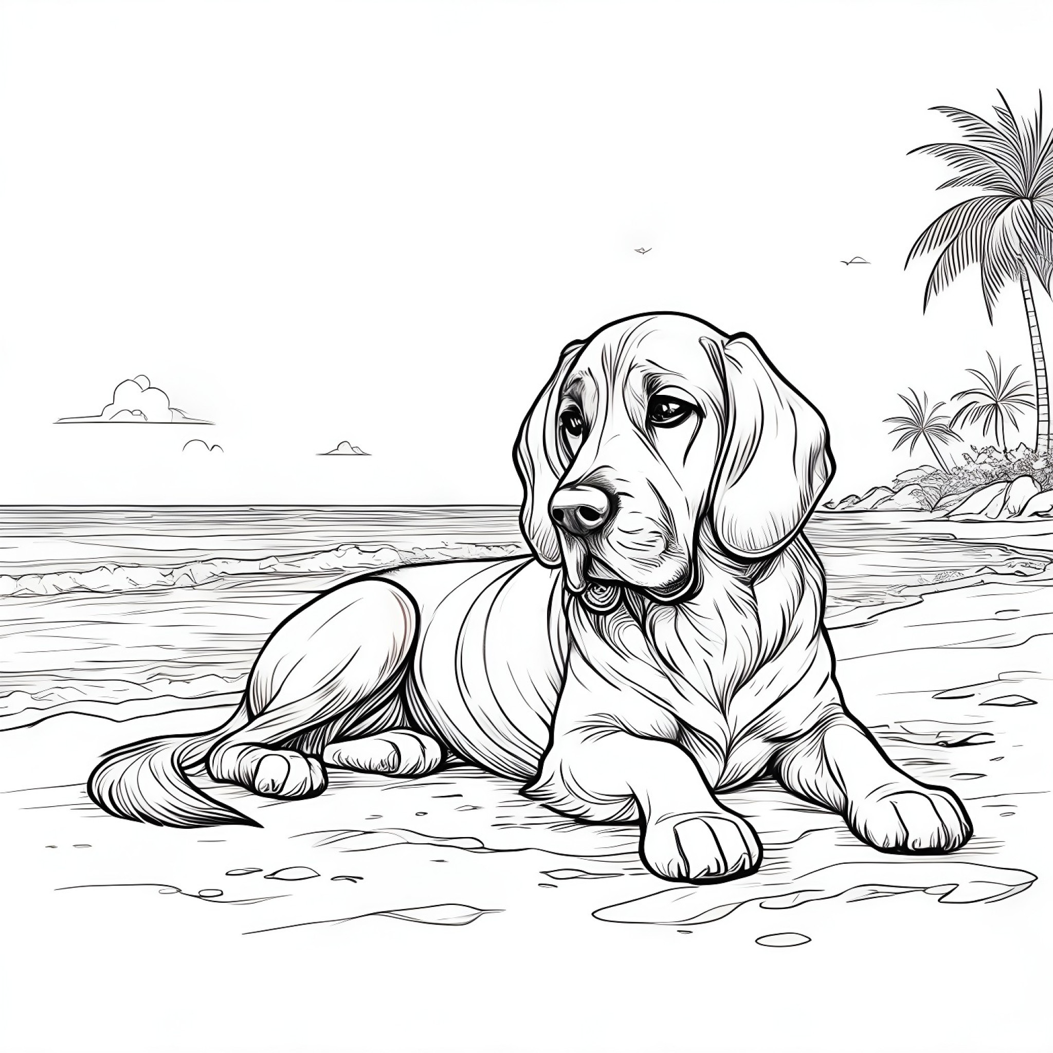 Bloodhound relaxing on a beach Coloring Page (free black-and-white line drawing printable PDF for all, from beginners to advanced learners, including children, teens, adults, and seniors)