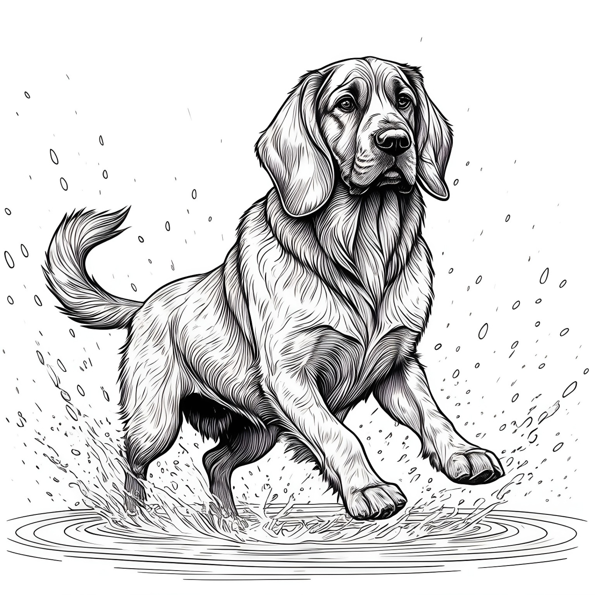Bloodhound splashing water Coloring Page (free black-and-white line drawing printable PDF for all, from beginners to advanced learners, including children, teens, adults, and seniors)
