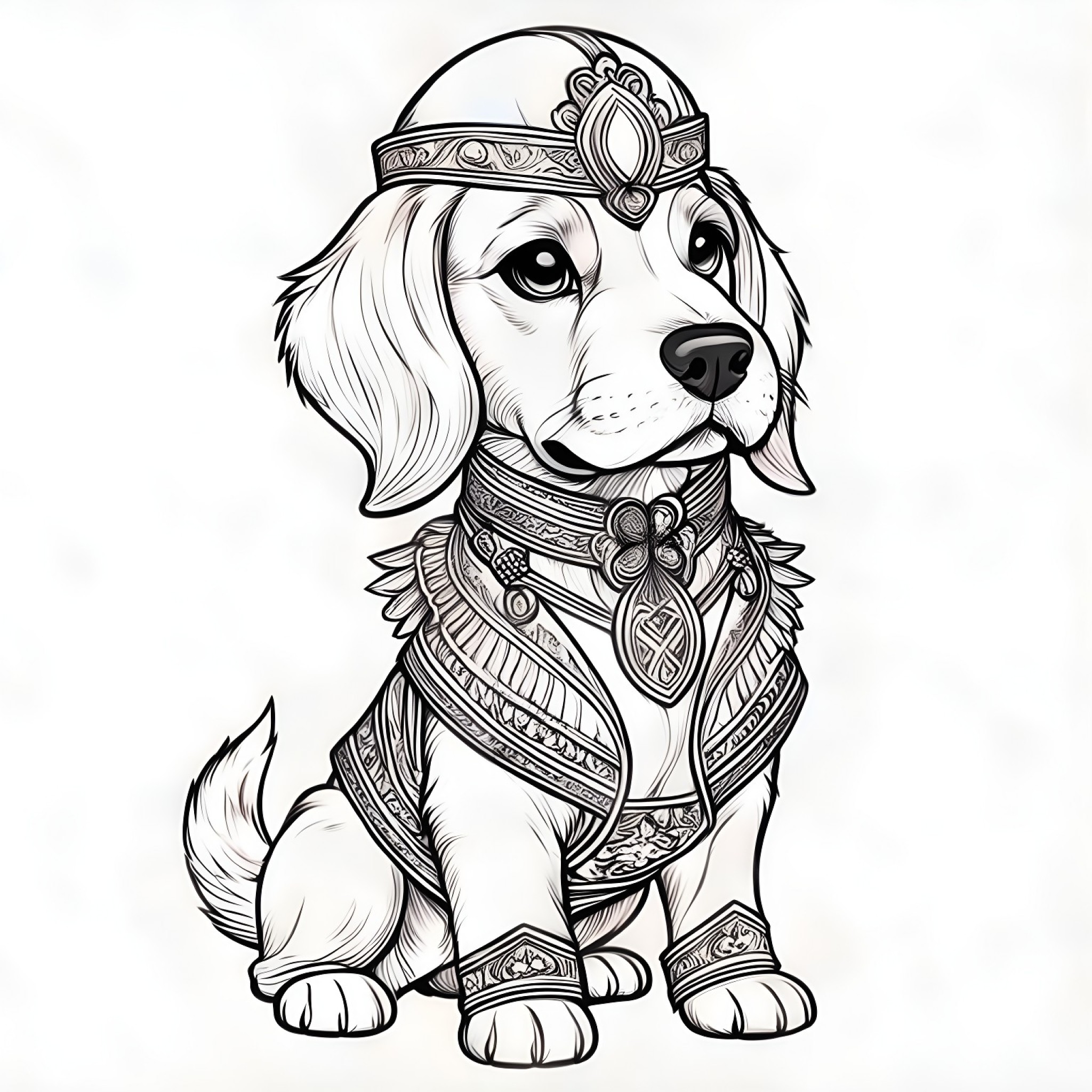 Bloodhound dressed up for a fancy event Coloring Page (free black-and-white line drawing printable PDF for all, from beginners to advanced learners, including children, teens, adults, and seniors)
