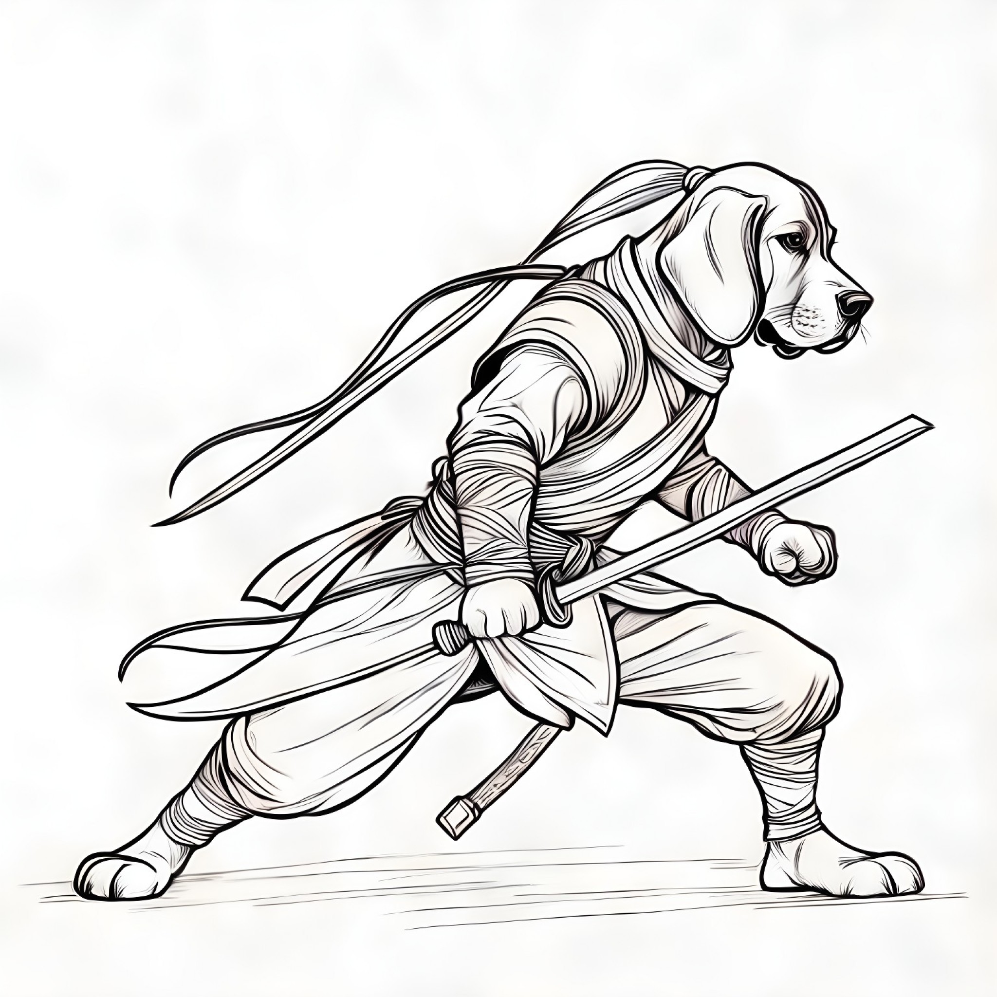Bloodhound as a ninja Coloring Page (free black-and-white line drawing printable PDF for all, from beginners to advanced learners, including children, teens, adults, and seniors)