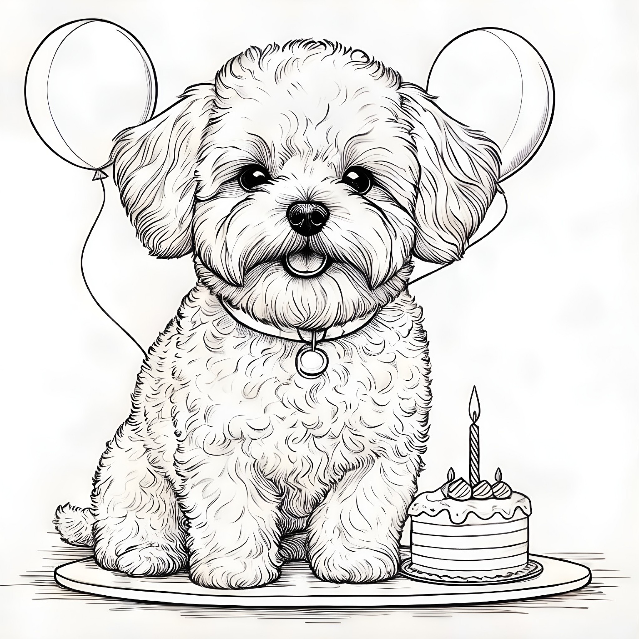 Bichon Frisé Celebrating a birthday Coloring Page (free black-and-white line drawing printable PDF for all, from beginners to advanced learners, including children, teens, adults, and seniors)