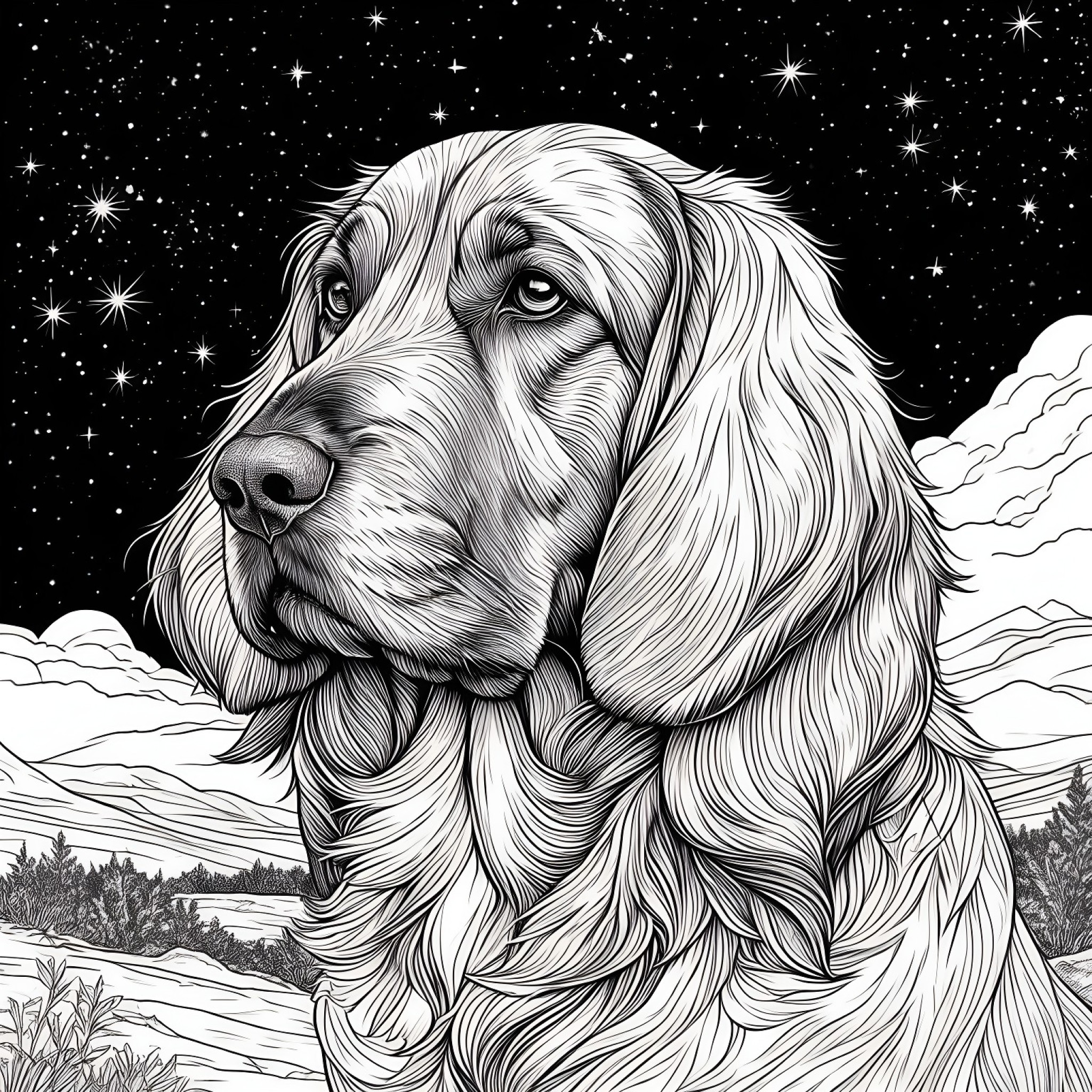 Bloodhound gazing at the stars Coloring Page (free black-and-white line drawing printable PDF for all, from beginners to advanced learners, including children, teens, adults, and seniors)