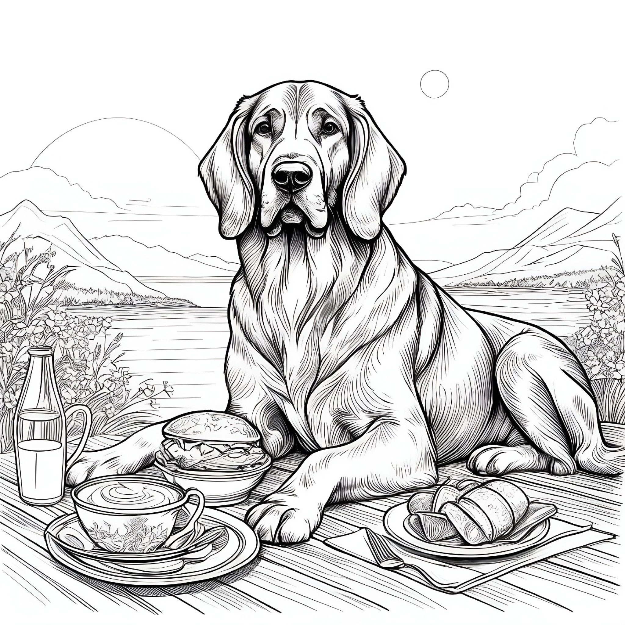 Bloodhound enjoying a picnic Coloring Page (free black-and-white line drawing printable PDF for all, from beginners to advanced learners, including children, teens, adults, and seniors)