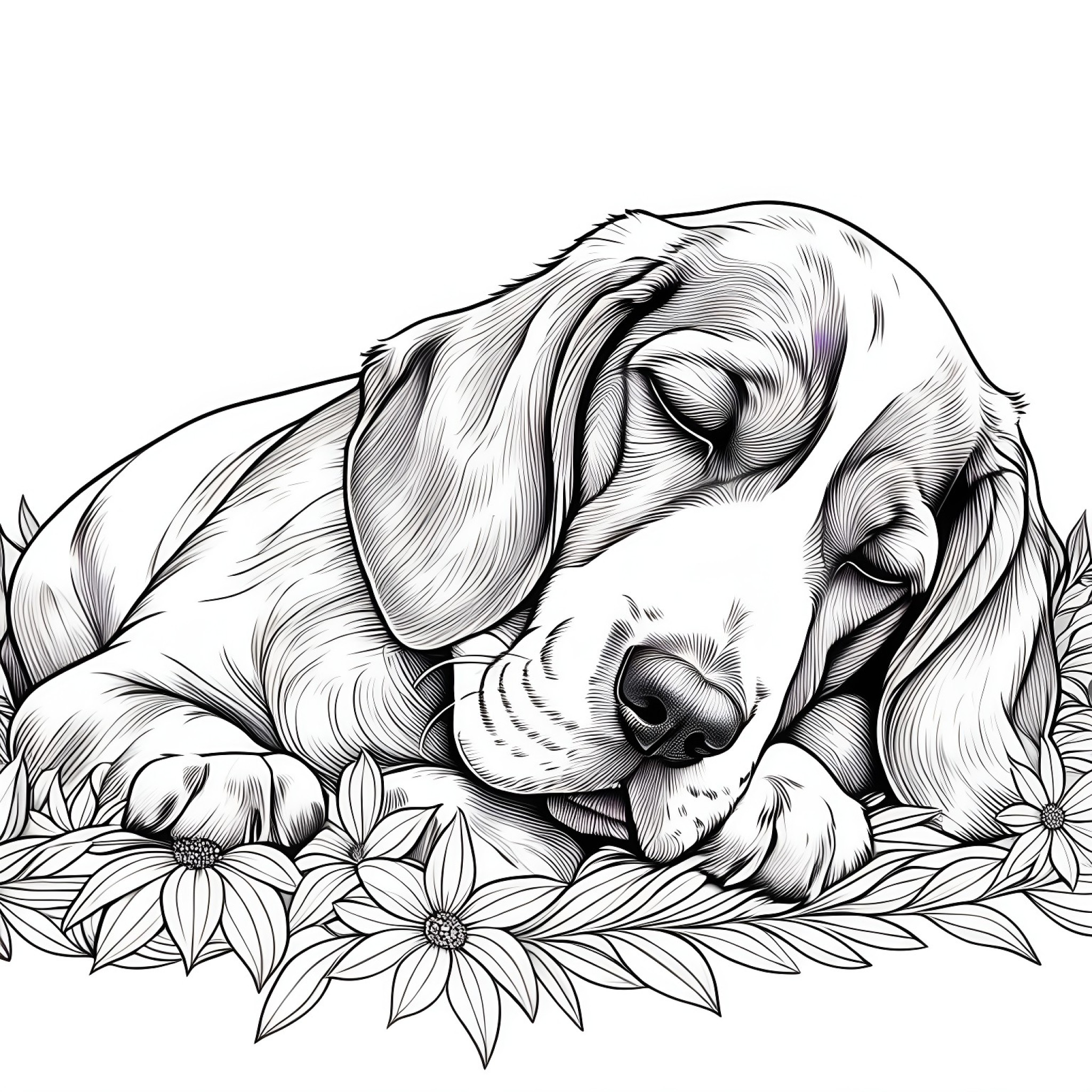 Basset Hound sleeping peacefully Coloring Page (free black-and-white line drawing printable PDF for all, from beginners to advanced learners, including children, teens, adults, and seniors)