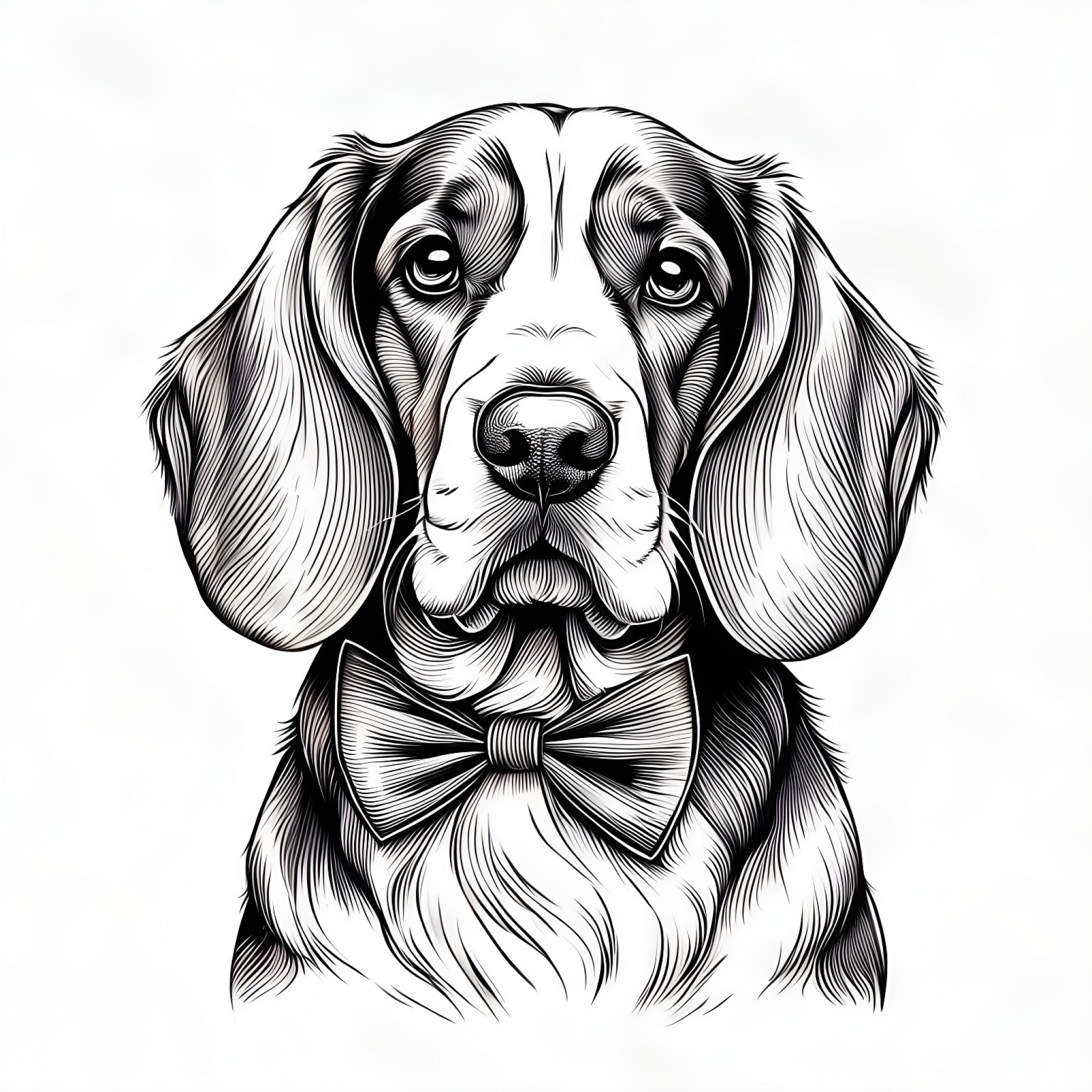 Basset Hound with a bowtie Coloring Page (free black-and-white line drawing printable PDF for all, from beginners to advanced learners, including children, teens, adults, and seniors)