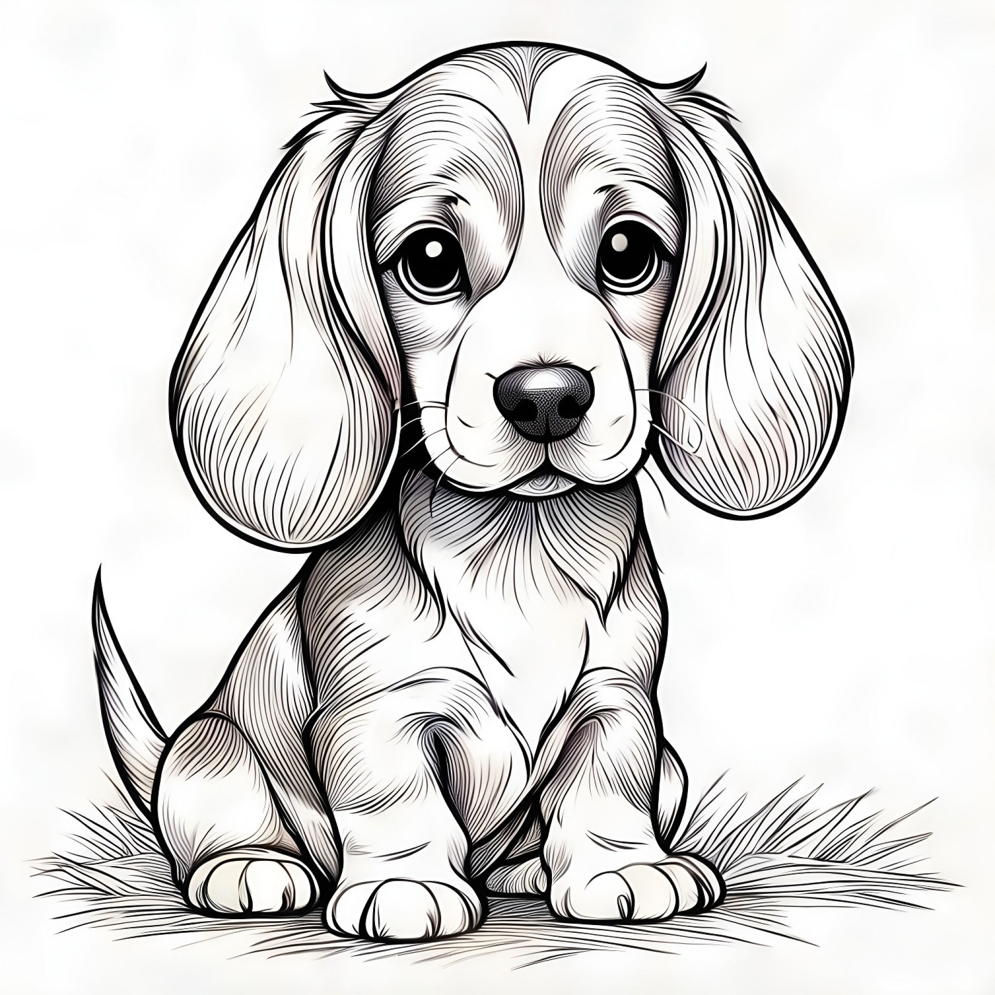 Basset Hound looking curious Coloring Page (free black-and-white line drawing printable PDF for all, from beginners to advanced learners, including children, teens, adults, and seniors)