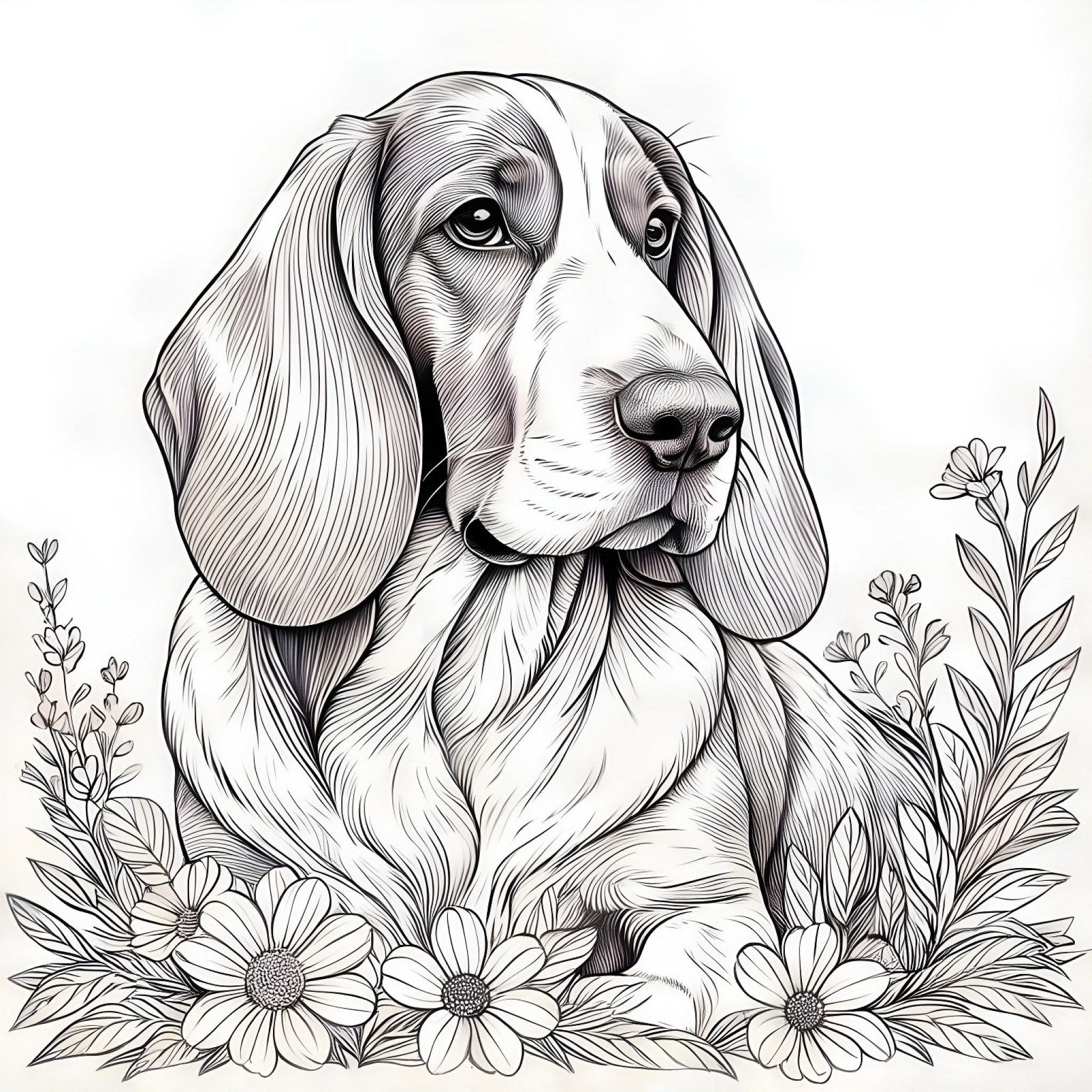 Basset Hound in flowers Coloring Page (free black-and-white line drawing printable PDF for all, from beginners to advanced learners, including children, teens, adults, and seniors)