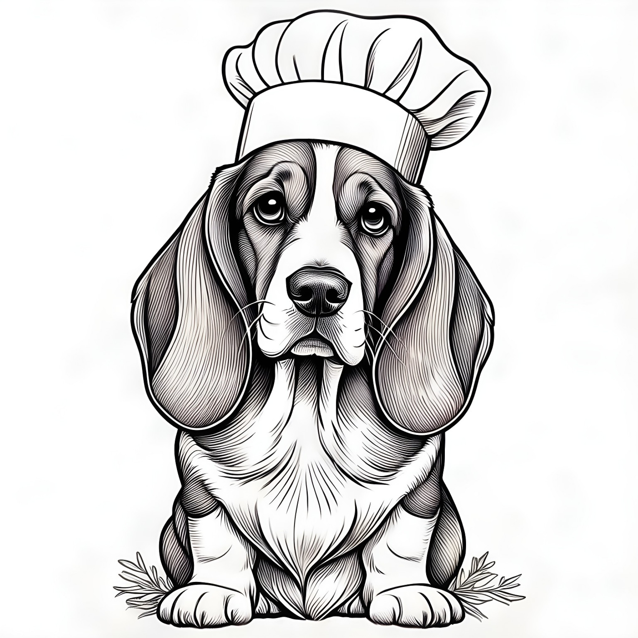 Basset Hound with a chef's hat Coloring Page (free black-and-white line drawing printable PDF for all, from beginners to advanced learners, including children, teens, adults, and seniors)