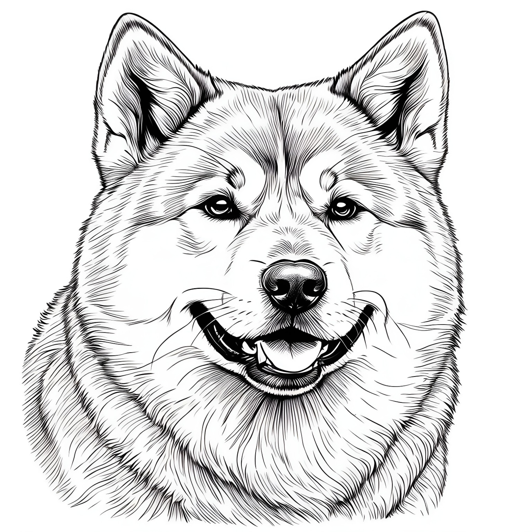 Akita with a happy expression Coloring Page (free black-and-white line drawing printable PDF for all, from beginners to advanced learners, including children, teens, adults, and seniors)