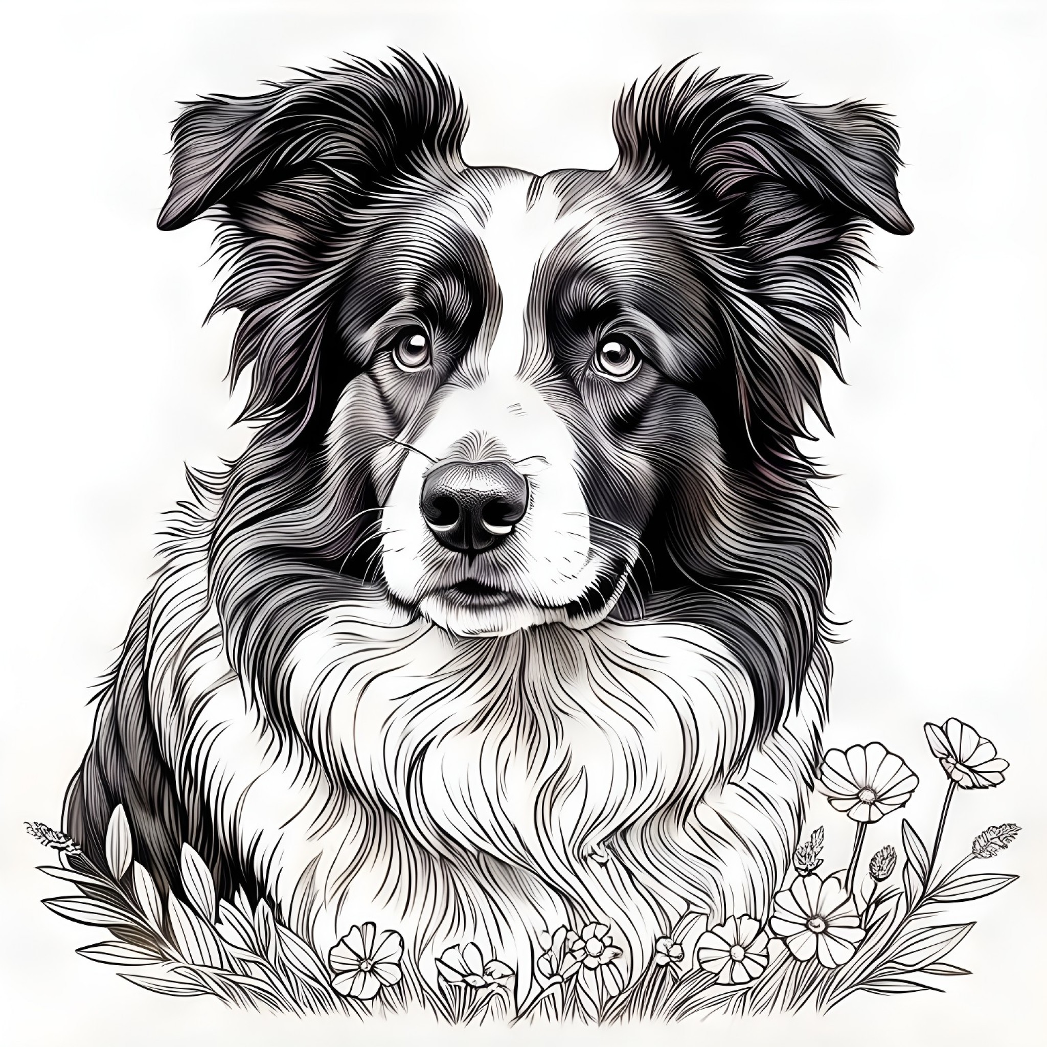 Border Collie in flowers Coloring Page (free black-and-white line drawing printable PDF for all, from beginners to advanced learners, including children, teens, adults, and seniors)