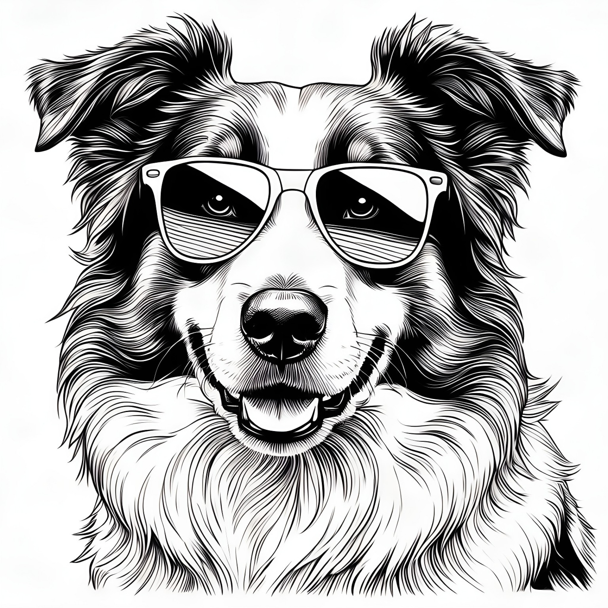Border Collie with sunglasses Coloring Page (free black-and-white line drawing printable PDF for all, from beginners to advanced learners, including children, teens, adults, and seniors)