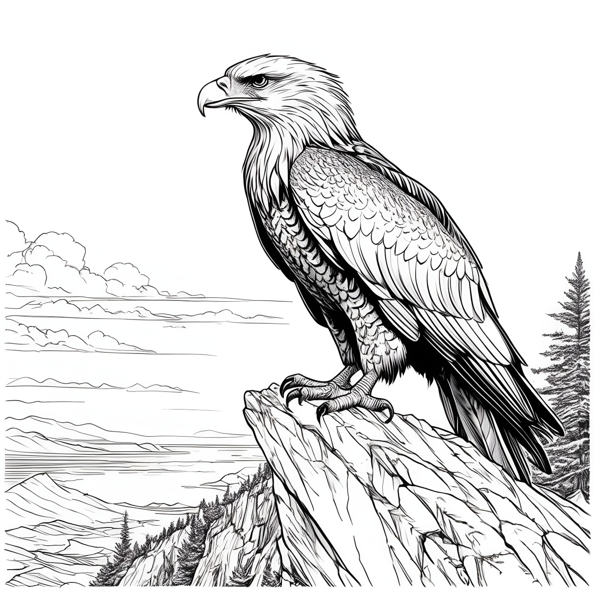 Eagle perched on a cliff Coloring Page (free black-and-white line drawing printable PDF for all, from beginners to advanced learners, including children, teens, adults, and seniors)