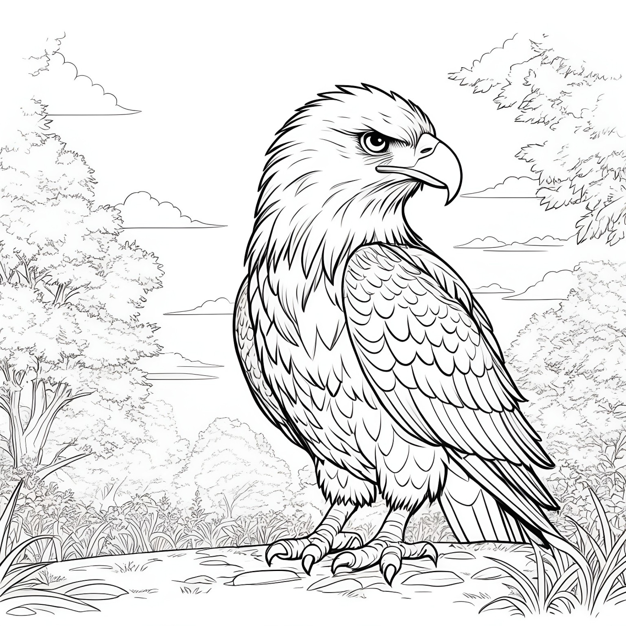 Eagle in a park Coloring Page (free black-and-white line drawing printable PDF for all, from beginners to advanced learners, including children, teens, adults, and seniors)