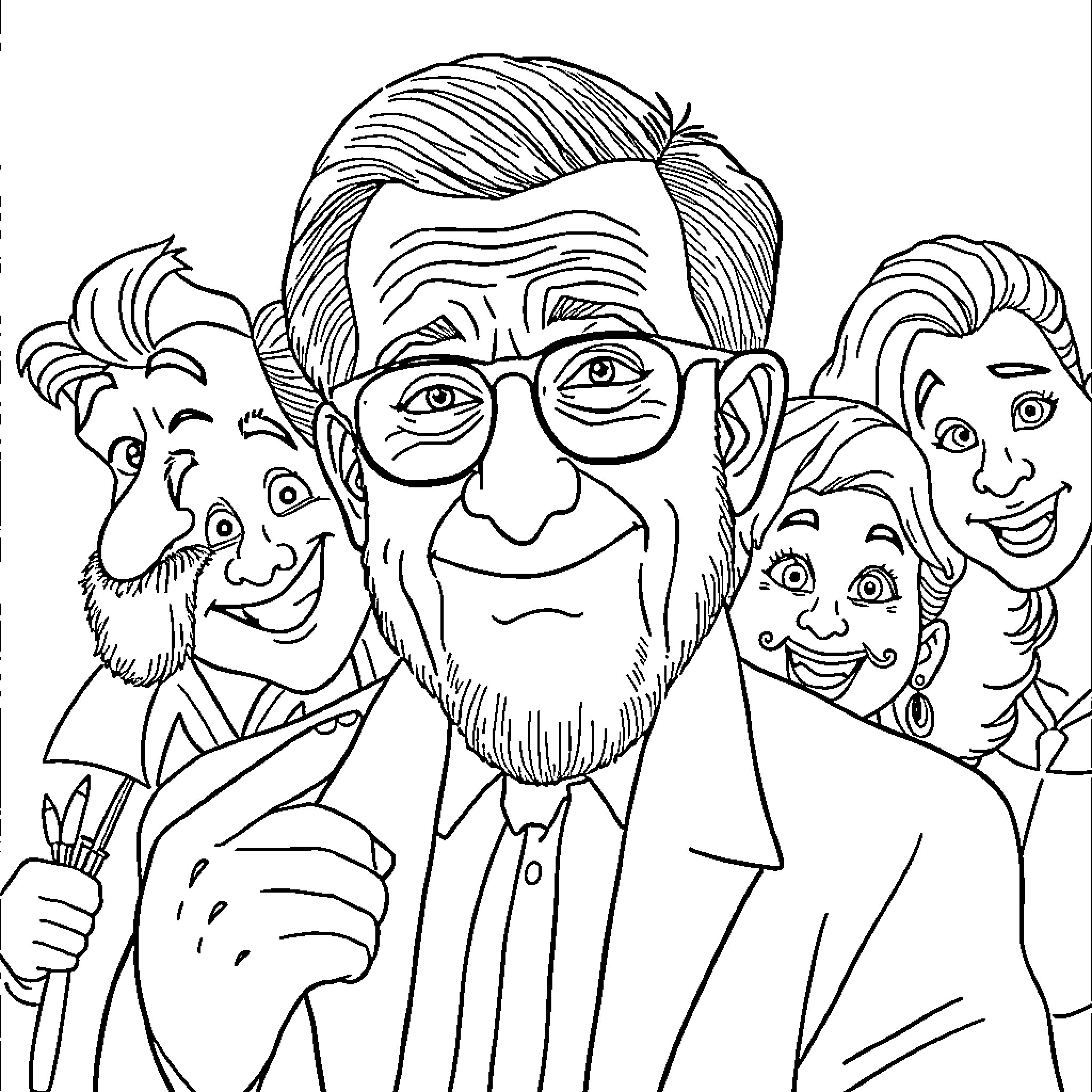 Robin Williams with Animated Characters Coloring Page (free black-and-white line drawing printable PDF for all, from beginners to advanced learners, including children, teens, adults, and seniors)