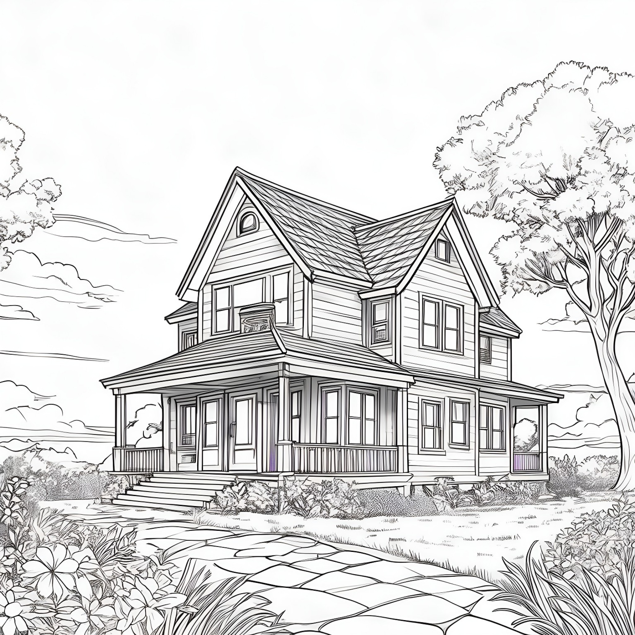 House in a peaceful day Coloring Page (free black-and-white line drawing printable PDF for all, from beginners to advanced learners, including children, teens, adults, and seniors)