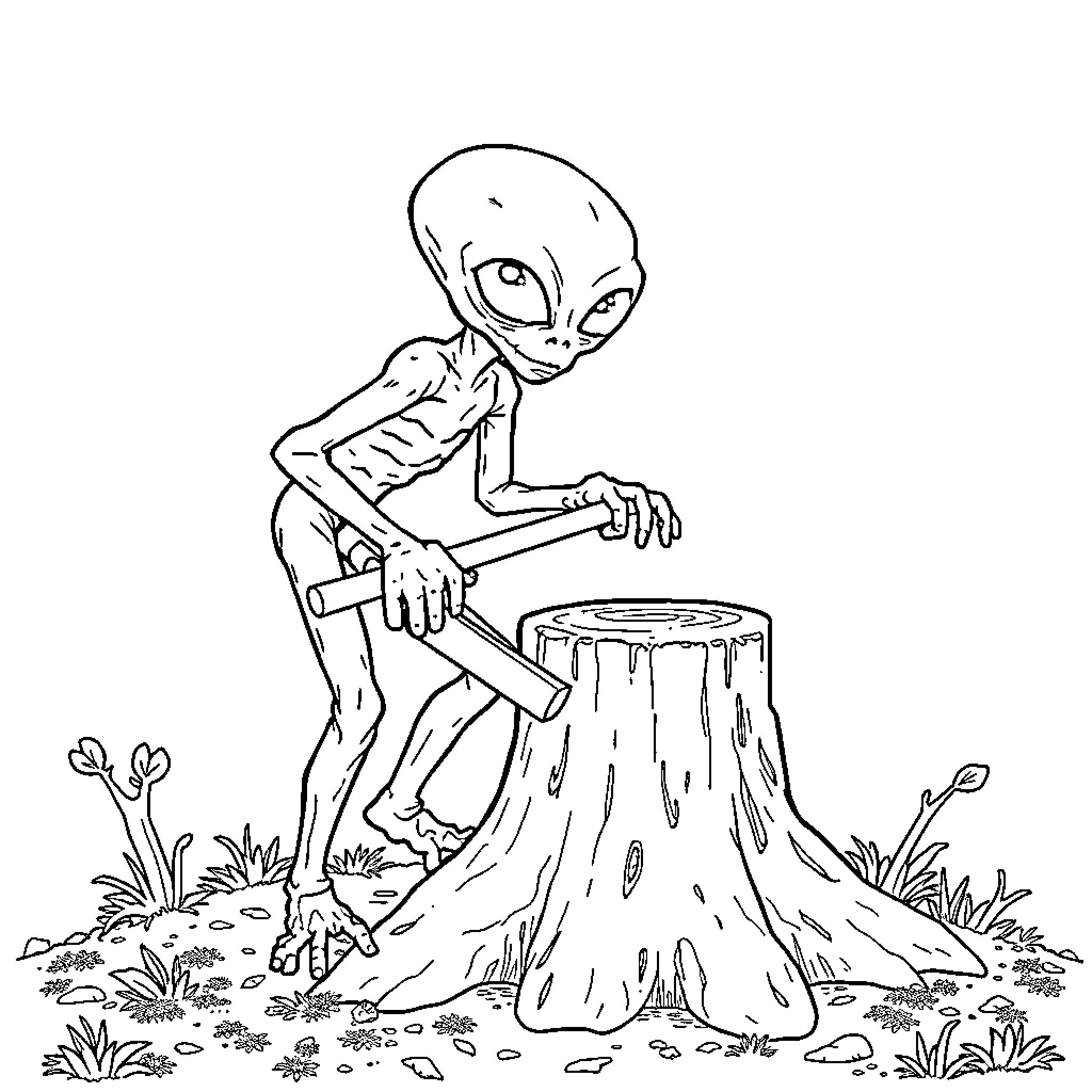 Alien resting on tree stump in forest Coloring Page (free black-and-white line drawing printable PDF for all, from beginners to advanced learners, including children, teens, adults, and seniors)