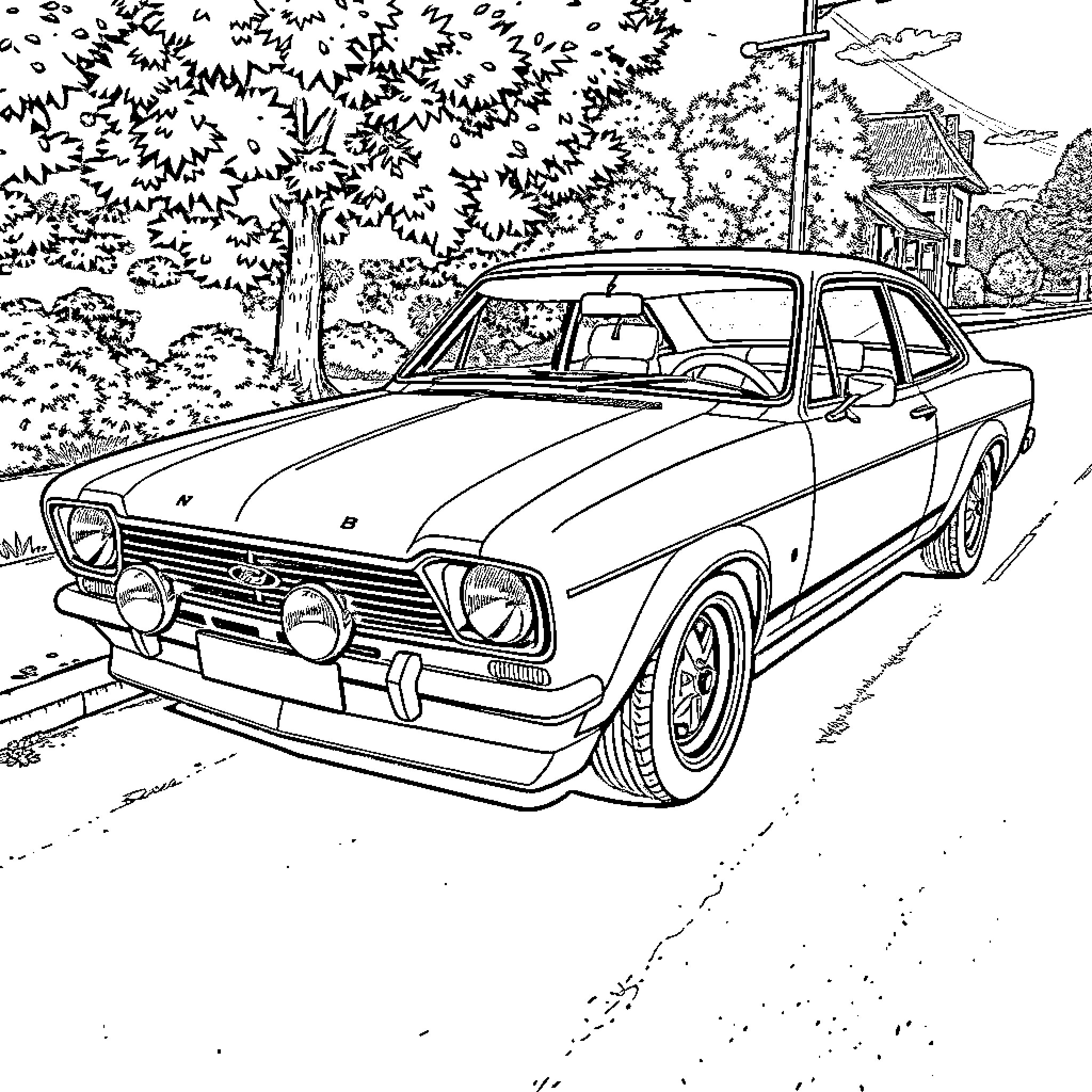 Ford Escort vintage car in countryside scenery Coloring Page (free black-and-white line drawing printable PDF for all, from beginners to advanced learners, including children, teens, adults, and seniors)