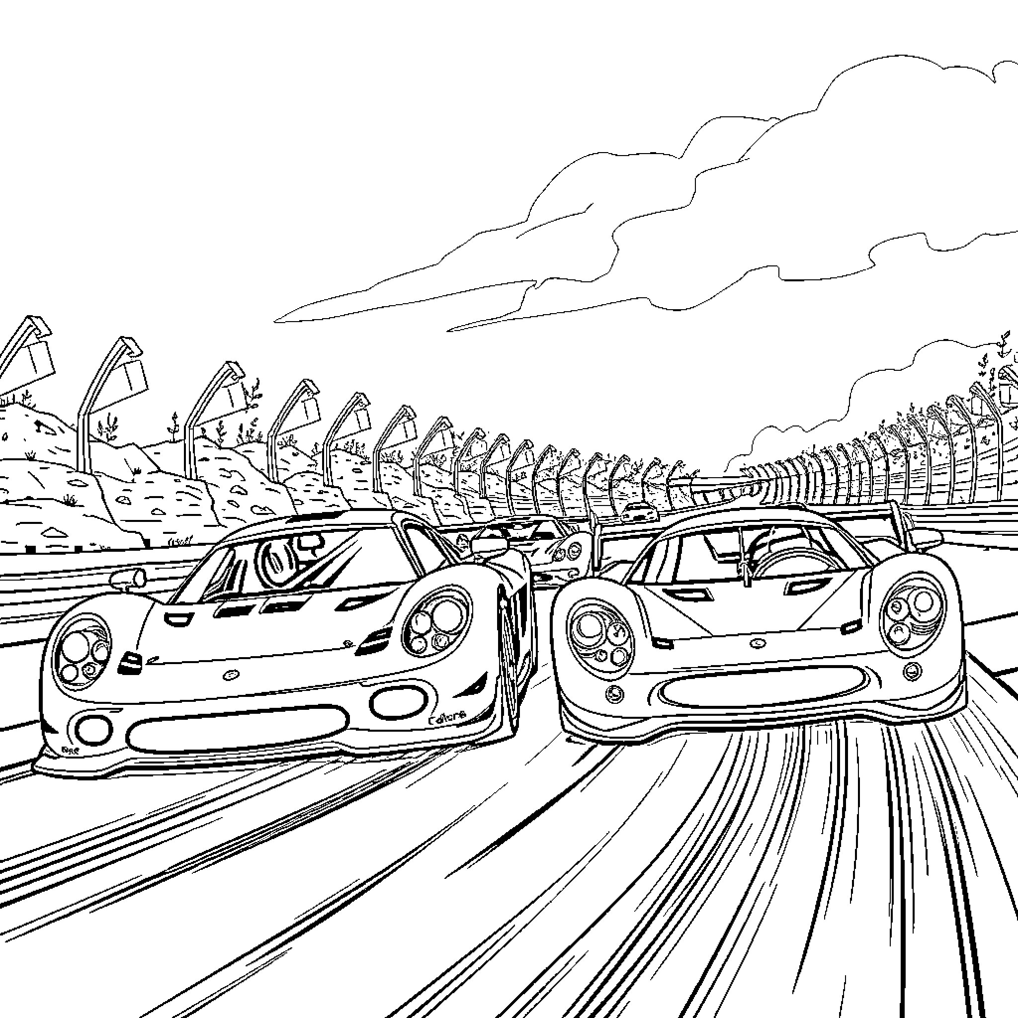 Cars racing on a track with scenic background Coloring Page (free black-and-white line drawing printable PDF for all, from beginners to advanced learners, including children, teens, adults, and seniors)